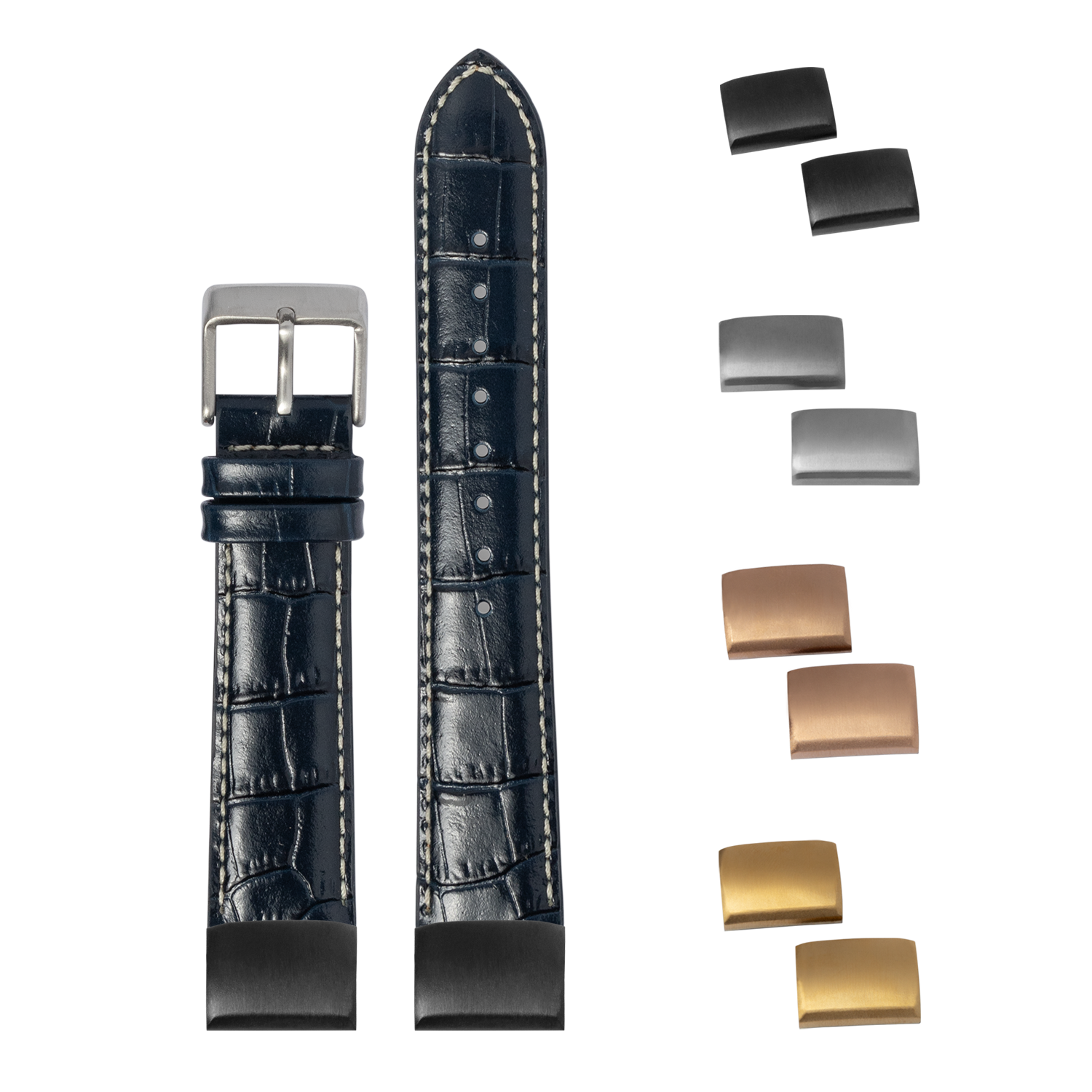 Navy blue alligator leather watch strap 20mm with white stitching, interchangeable buckles and keepers included