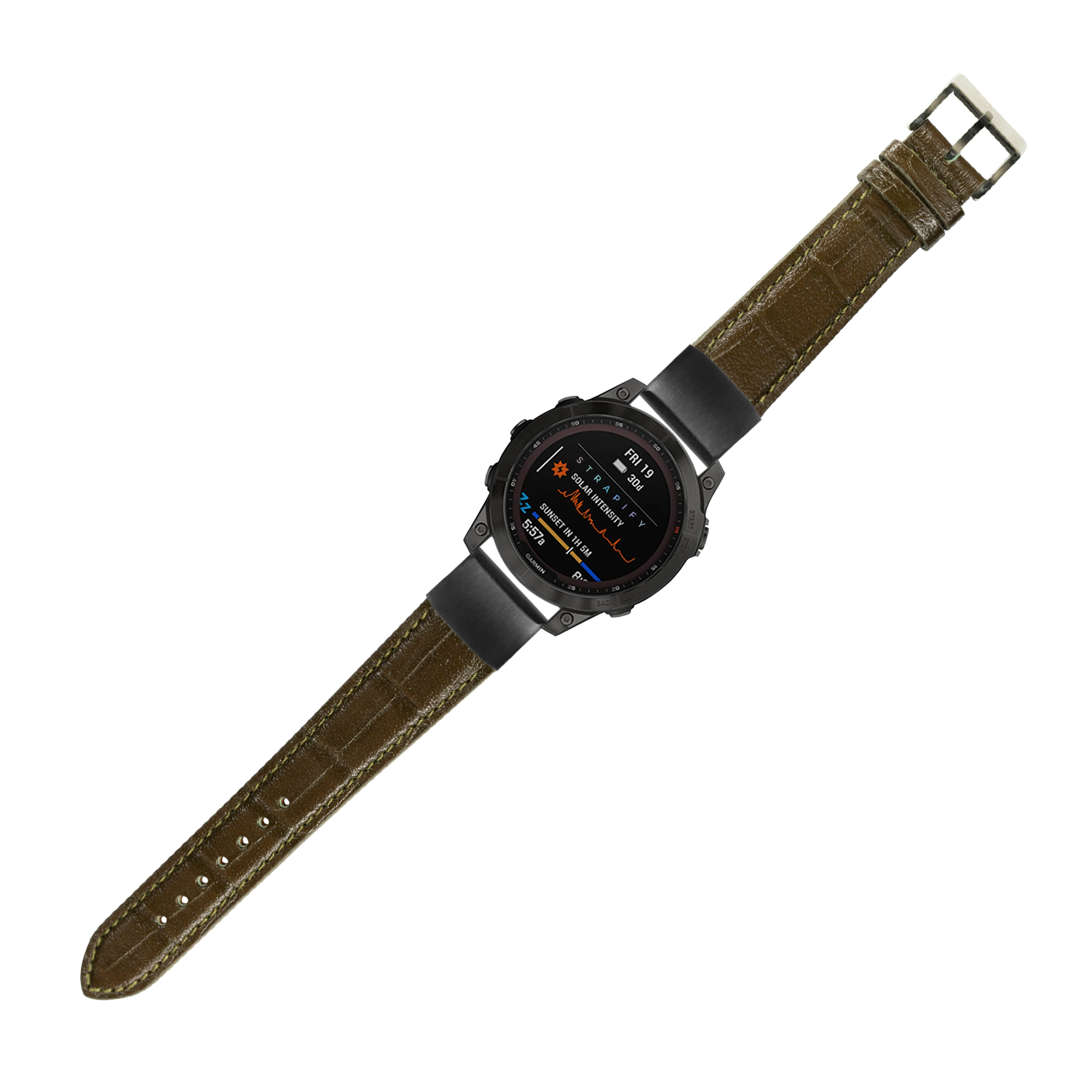 QuickFit olive green alligator leather watch band 20mm with black stainless steel case and AMOLED digital display