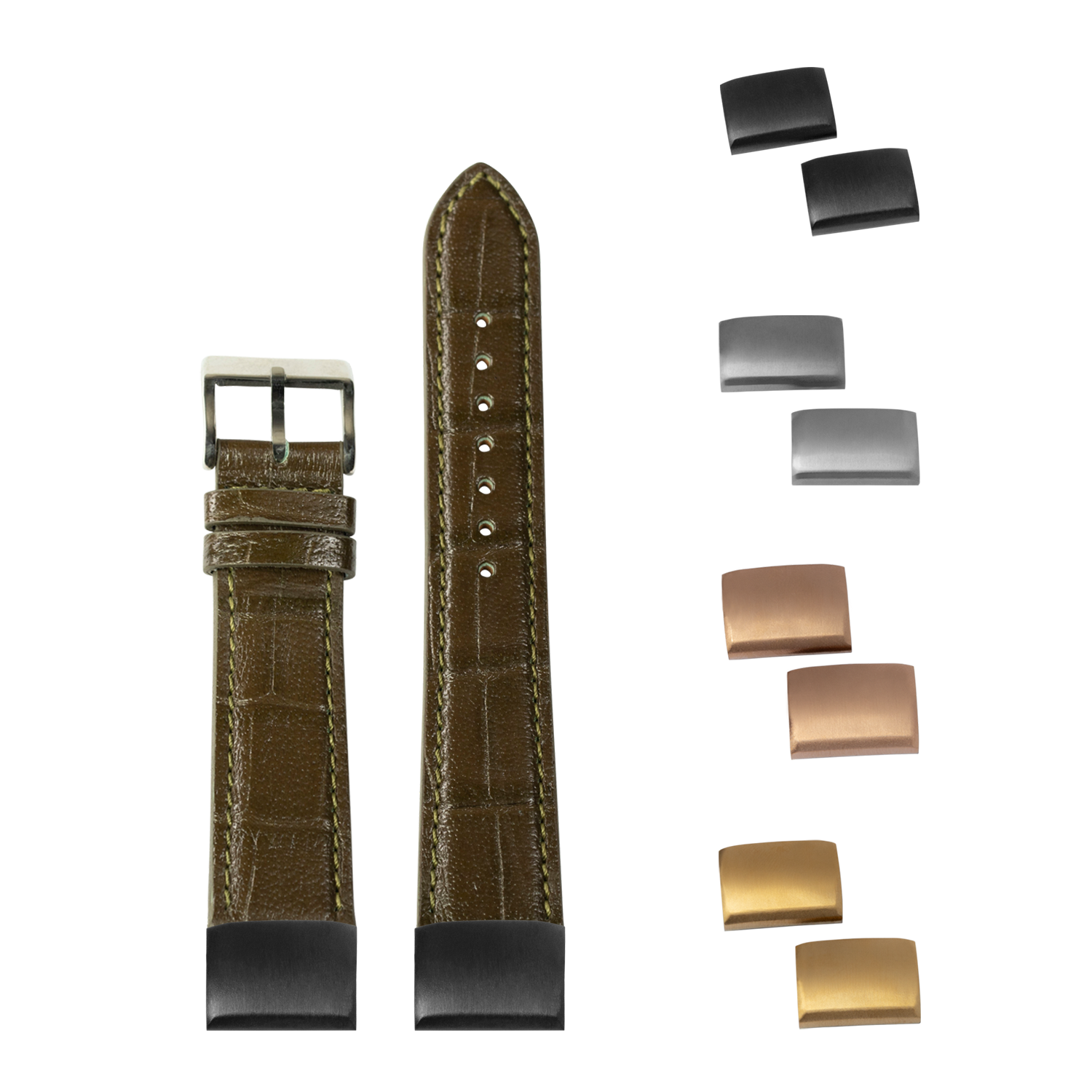QuickFit olive green alligator leather watch strap 20mm with interchangeable metal buckles in black, silver, and gold finishes