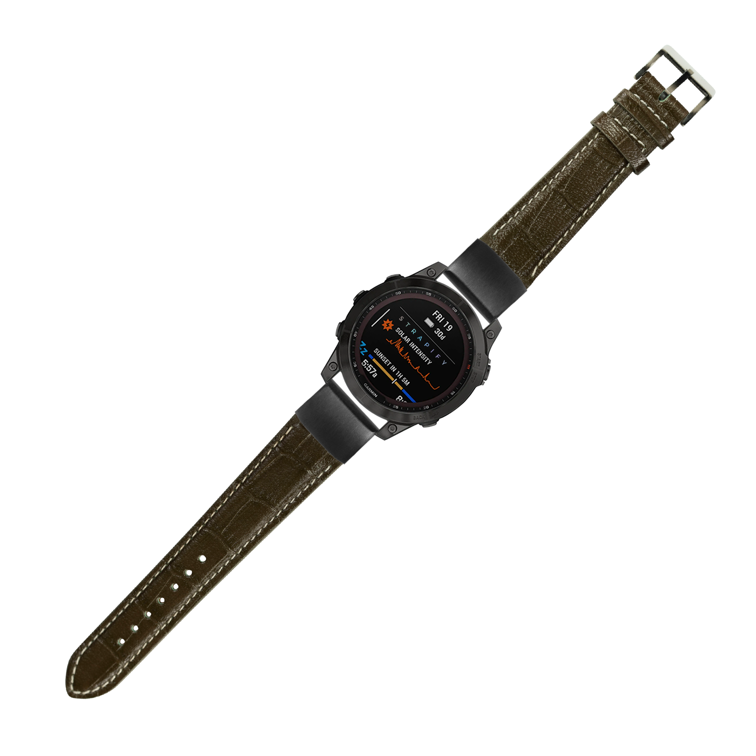Tactical smartwatch with black case and olive green alligator leather strap featuring contrast white stitching and 20mm quick-fit band