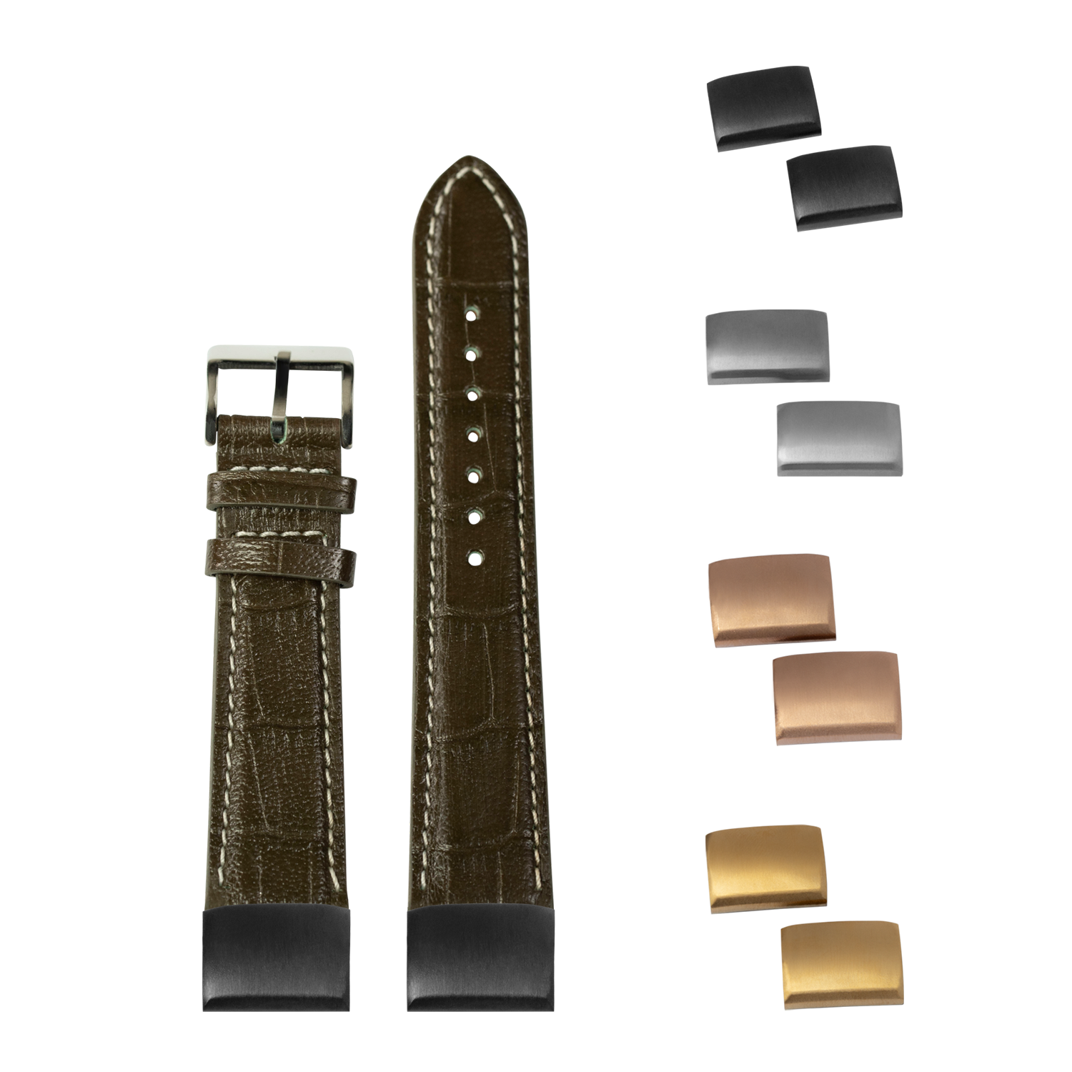 QuickFit olive green alligator leather watch band 20mm with white contrast stitching and interchangeable metal buckles