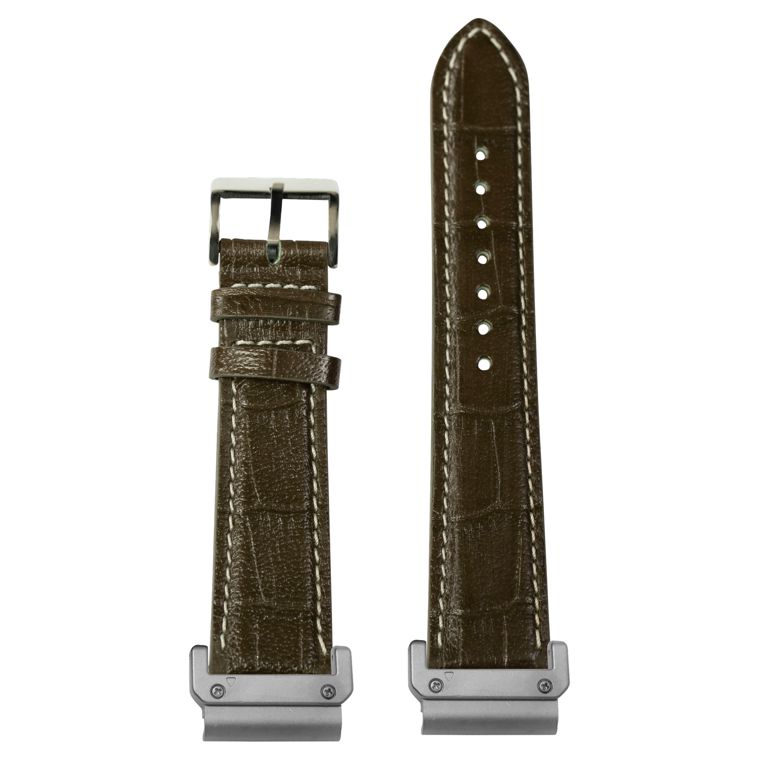 Alligator Leather Olive Green Contrast Stitching strap with QuickFit adapters attached to both ends