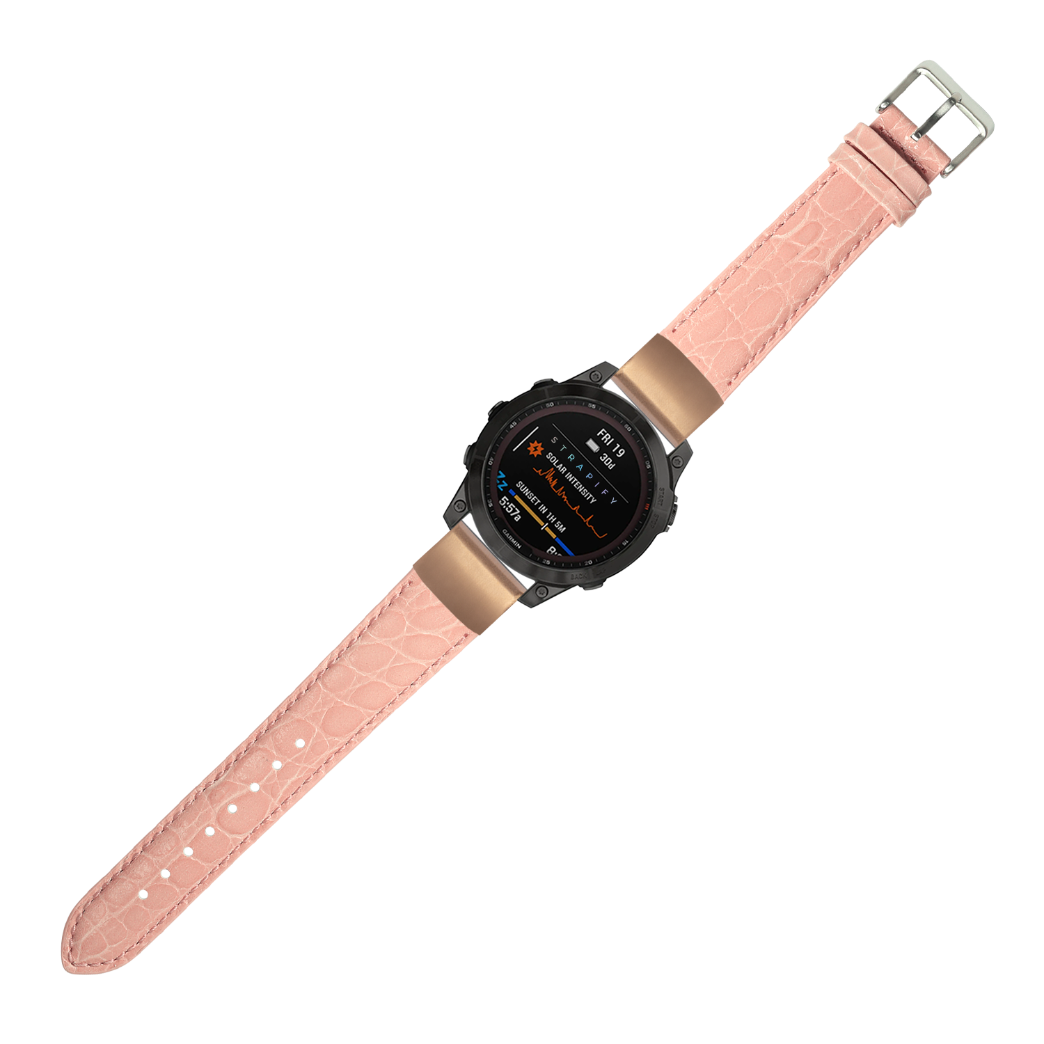Pink alligator leather smartwatch band 20mm with rose gold connector and stainless steel buckle