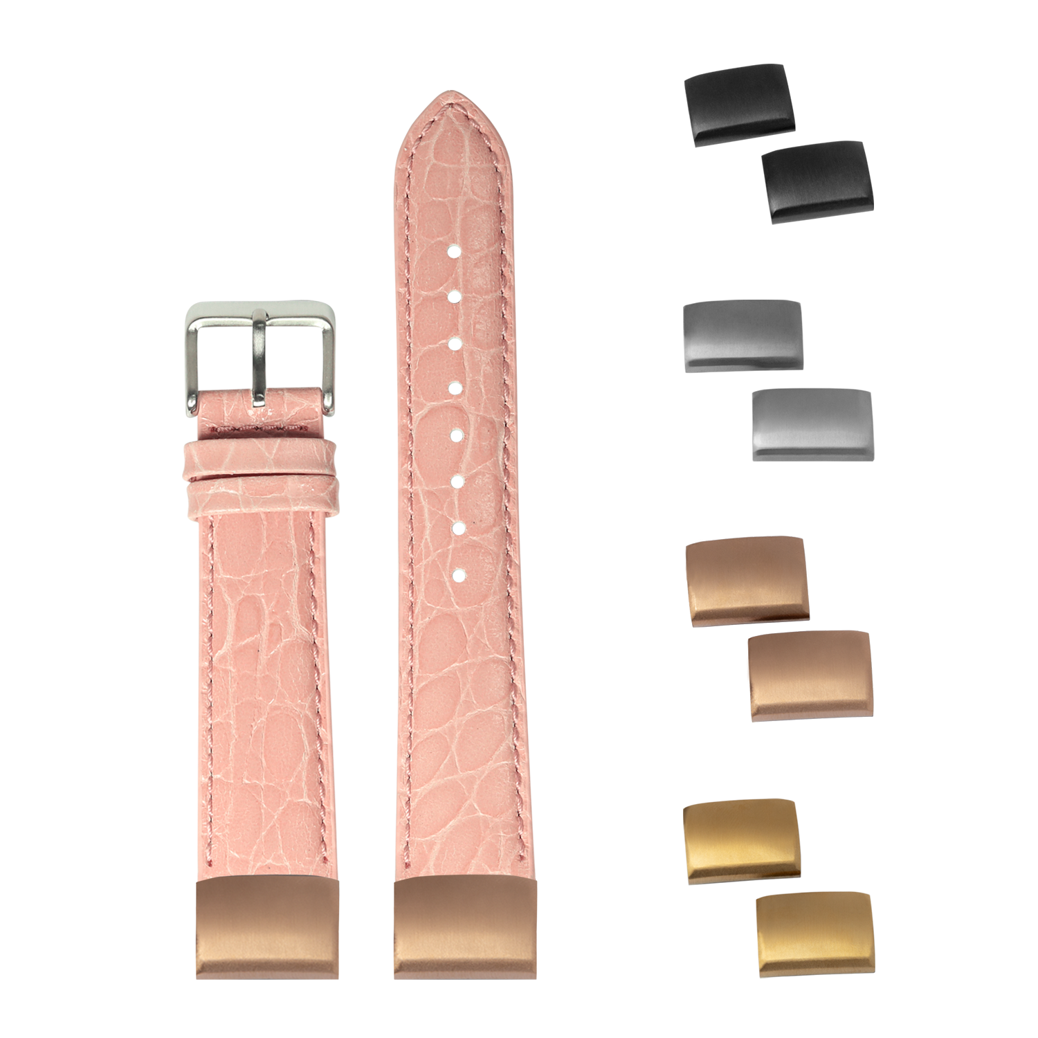 Pink alligator leather QuickFit watch band 20mm with interchangeable metal buckles in silver, black, and gold finishes