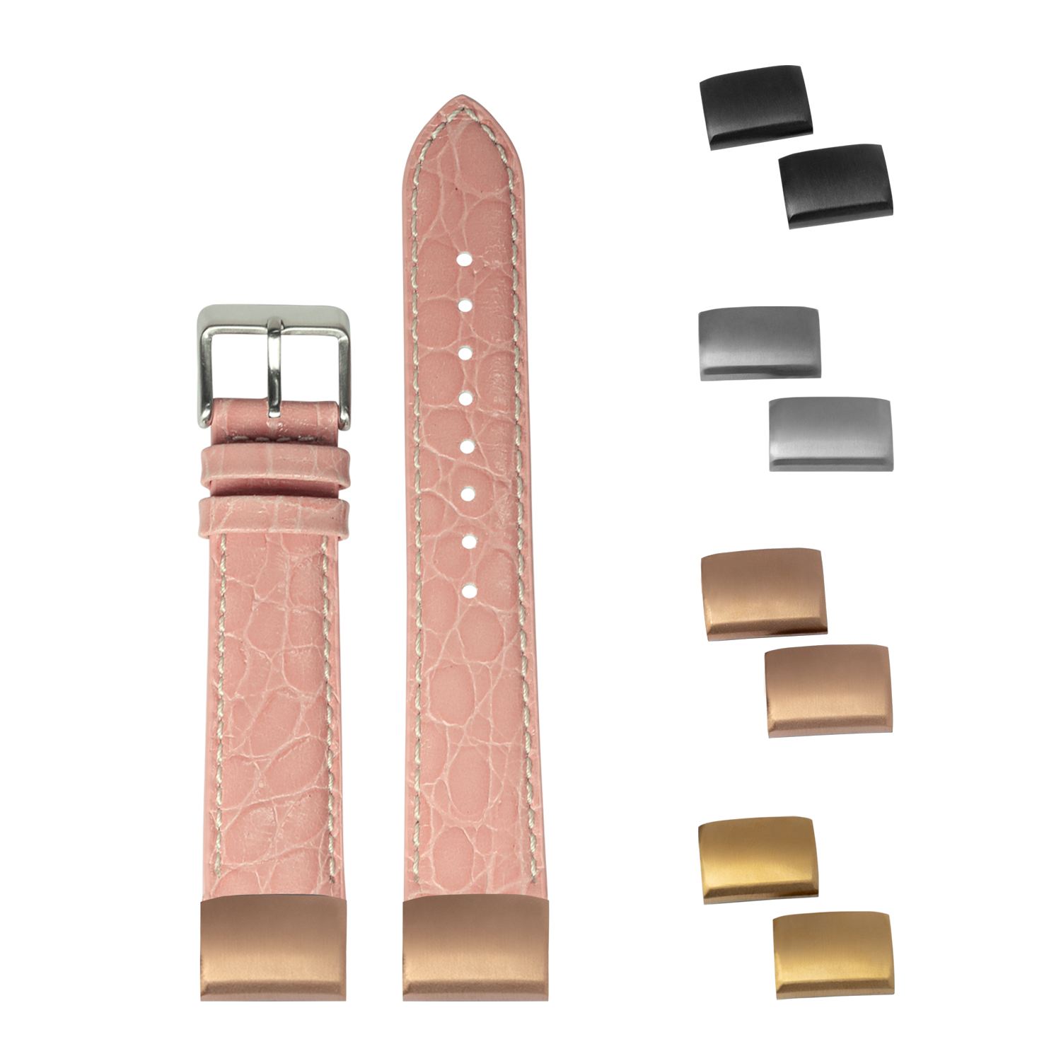 Pink alligator leather watch band 20mm with white stitching, interchangeable buckles and metal hardware included