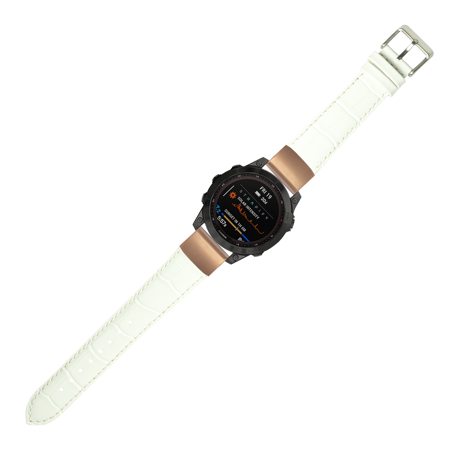 Smartwatch with white alligator leather QuickFit band and rose gold case displaying digital metrics on black face