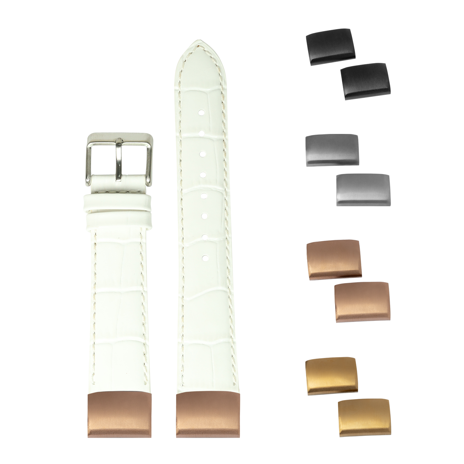 White alligator leather quick-fit watch strap 20mm with interchangeable metal end links in rose gold, gold, silver and gunmetal finishes