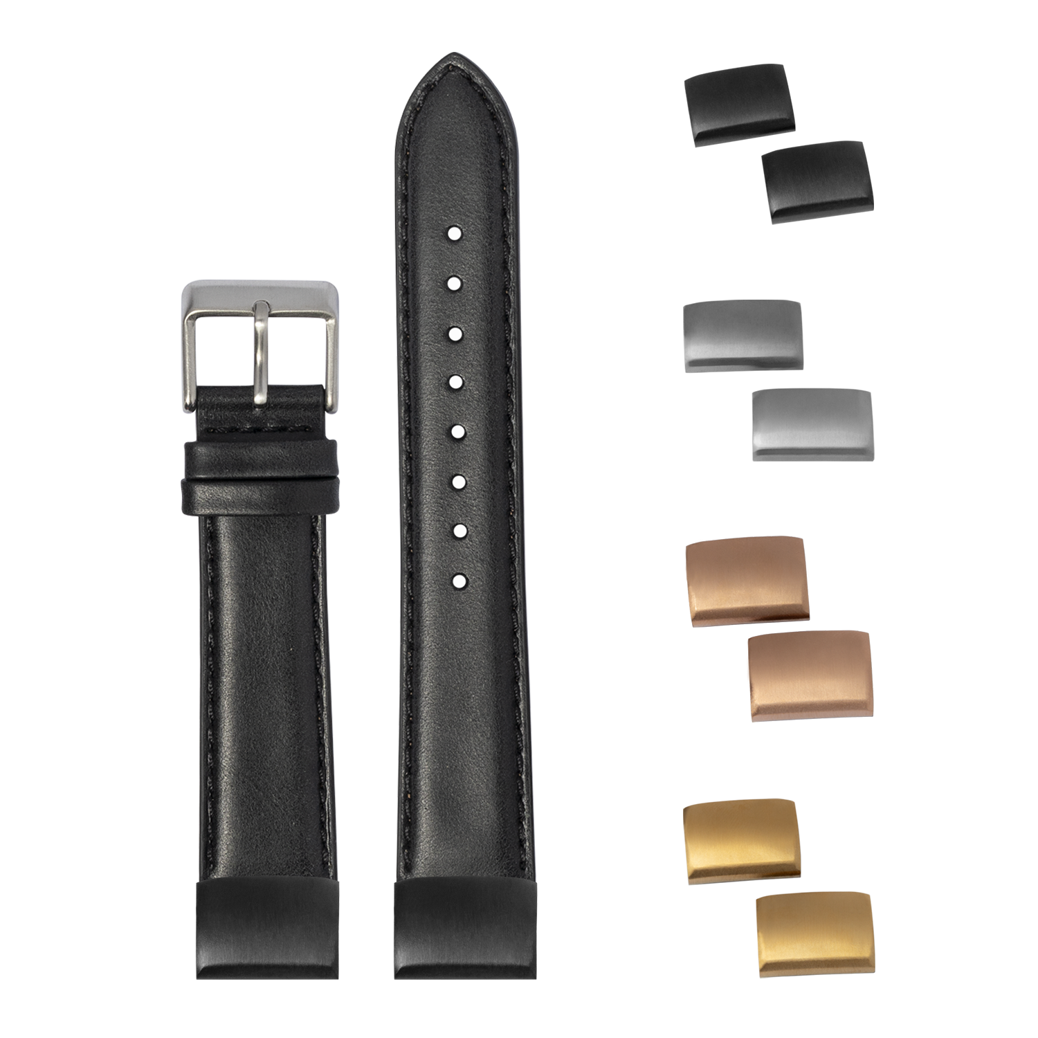 Black padded leather watch band 20mm with interchangeable metal buckles in silver, gold and rose gold finishes