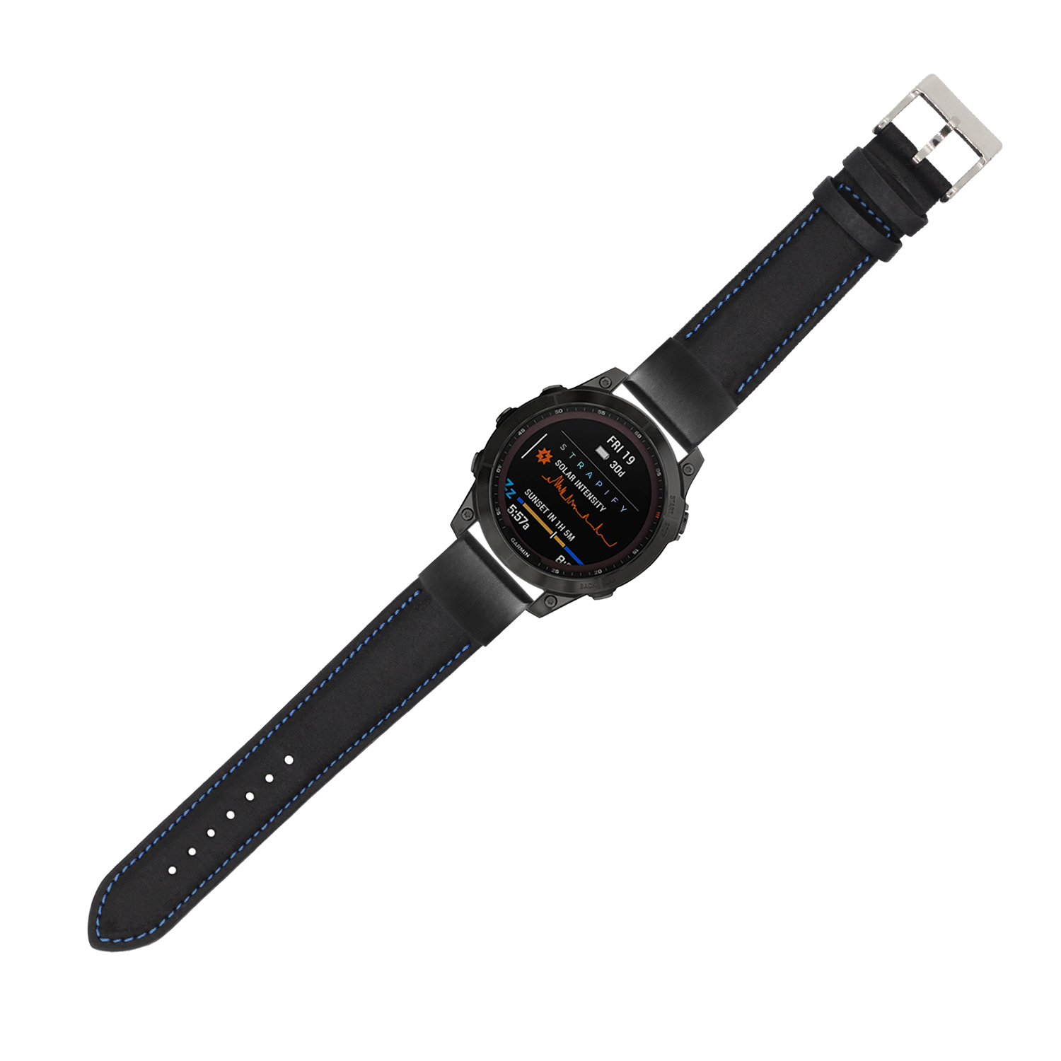 Black leather smartwatch band with blue stitching, 20mm QuickFit connector, stainless steel buckle on white background