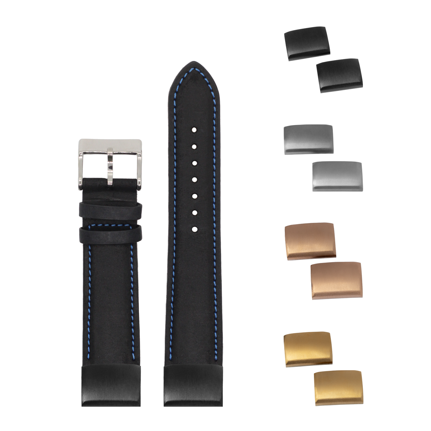 Black padded leather watch strap 20mm with blue stitching, buckle, and interchangeable metal clasp hardware in silver, gunmetal, rose gold, and gold