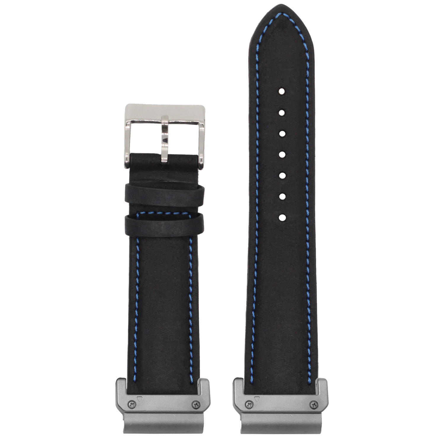 Padded Leather Black Blue Stitching strap with QuickFit adapters attached to both ends