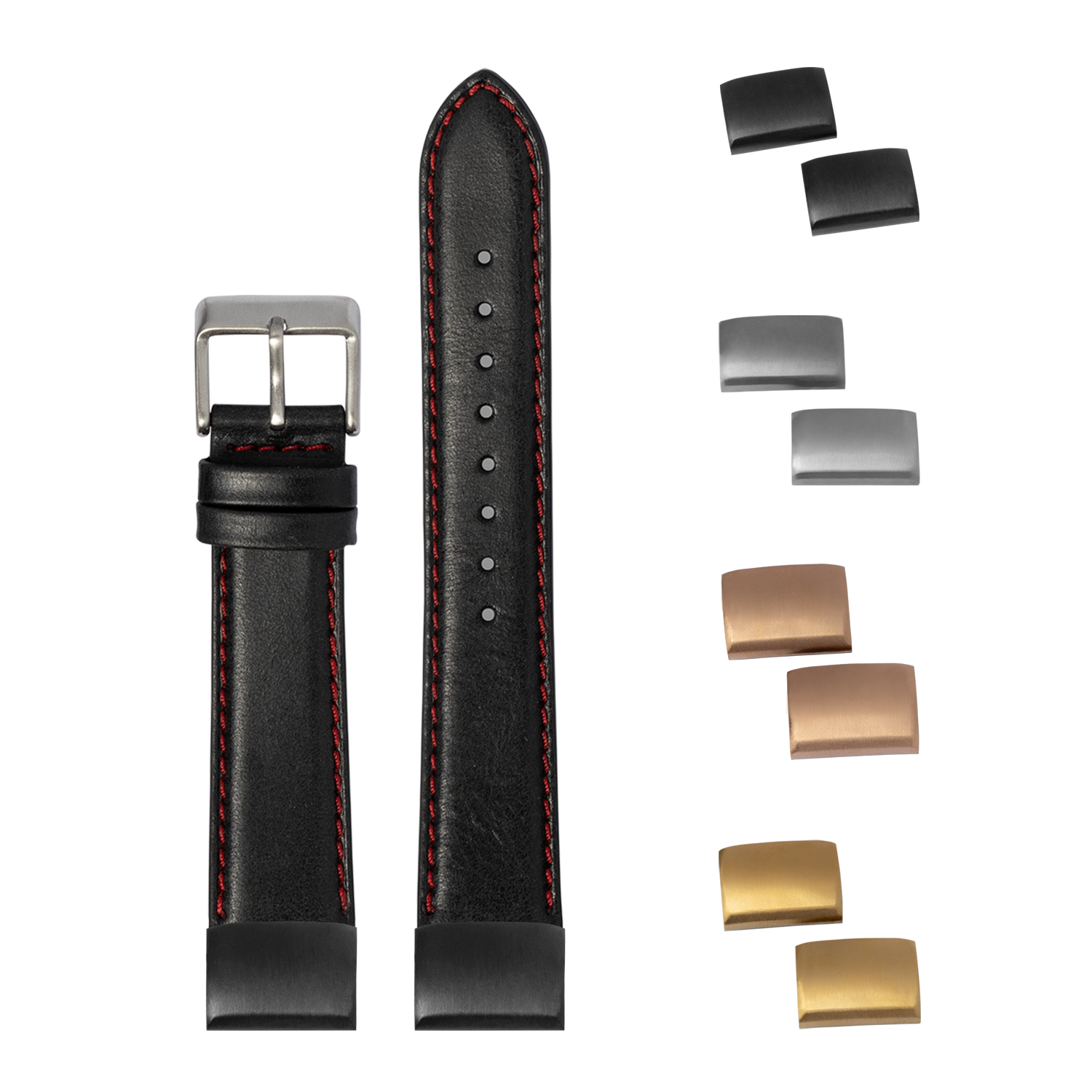 Black leather padded watch band 20mm with red stitching, interchangeable buckles and end links included