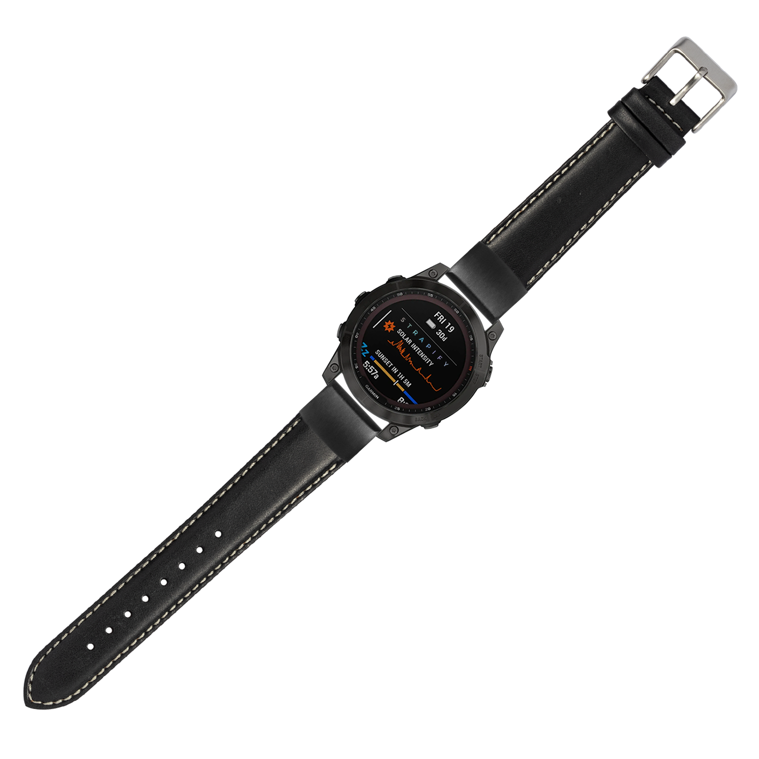 Black leather smartwatch band with white stitching and QuickFit 20mm connector, stainless steel buckle