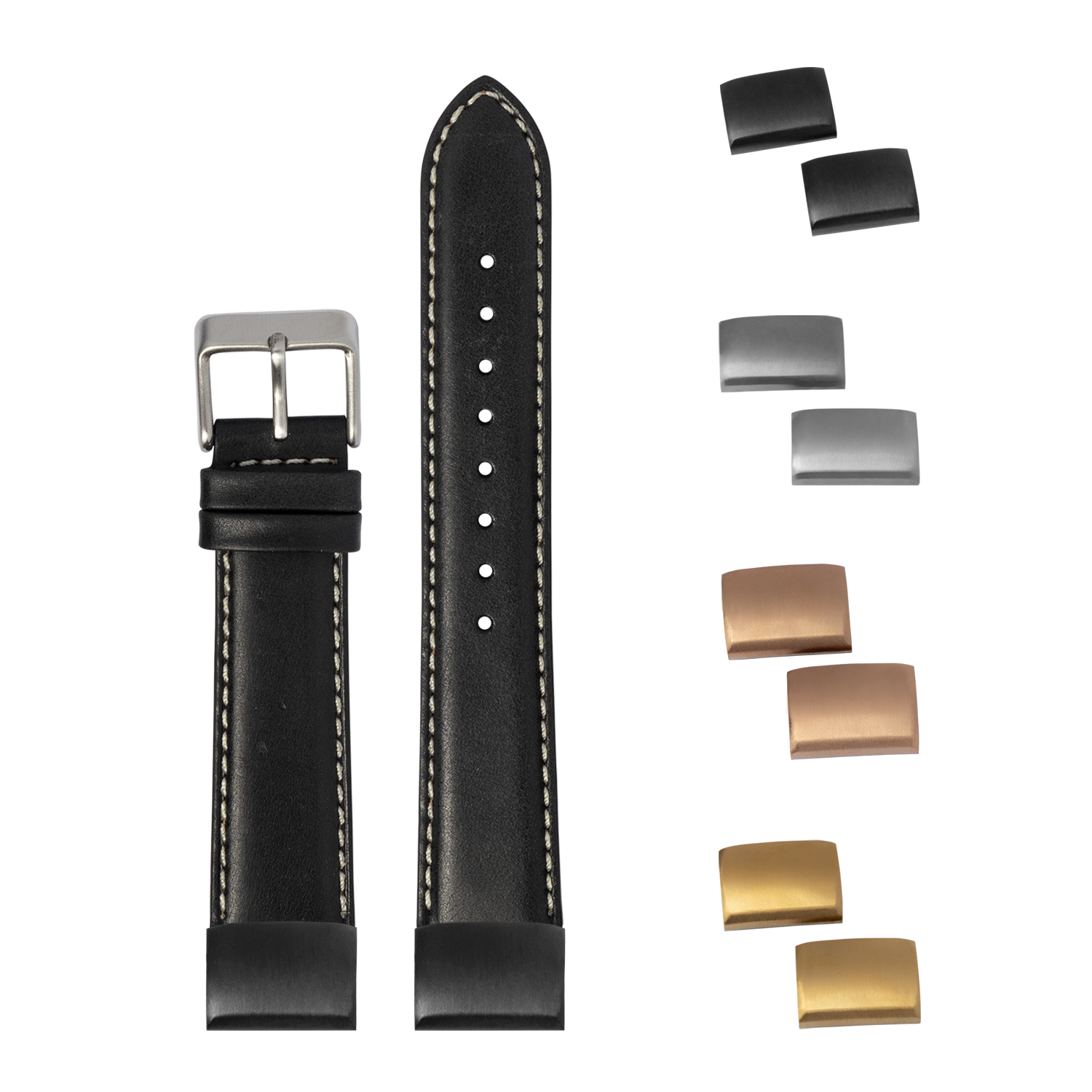 Black padded leather watch strap with white stitching, 20mm wide, including interchangeable buckles in silver, gold, and rose gold finishes