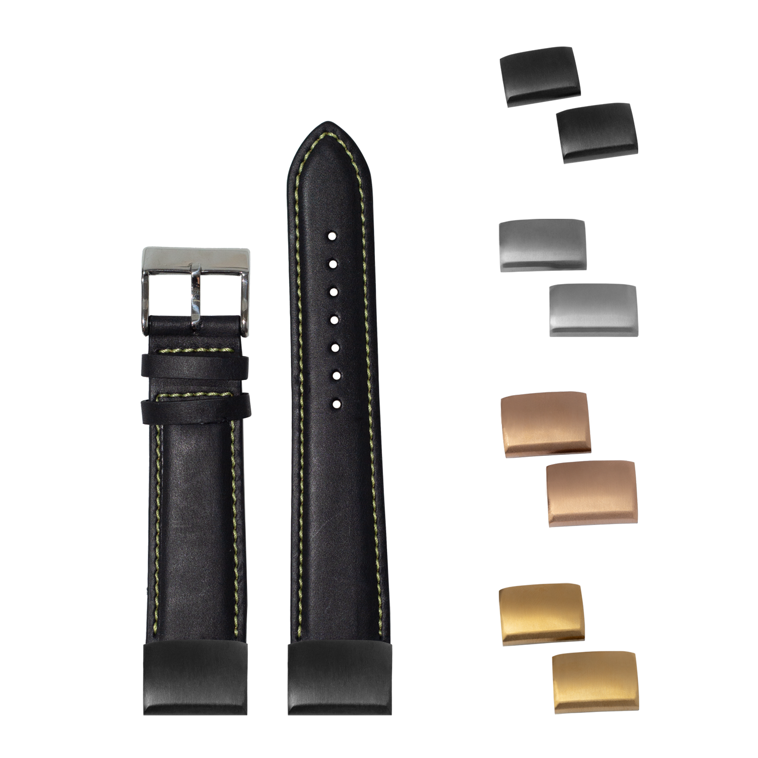 Black padded leather watch strap 20mm with yellow stitching, interchangeable buckles and end links included