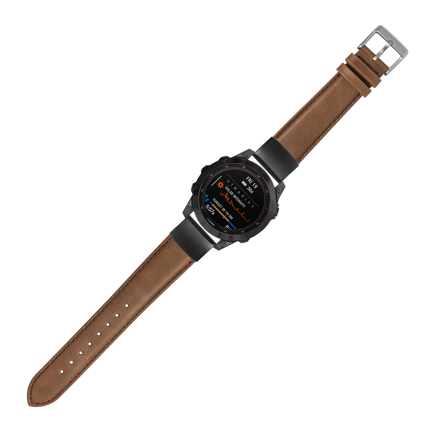 QuickFit padded brown leather 20mm watch band with silver buckle and black digital smartwatch face