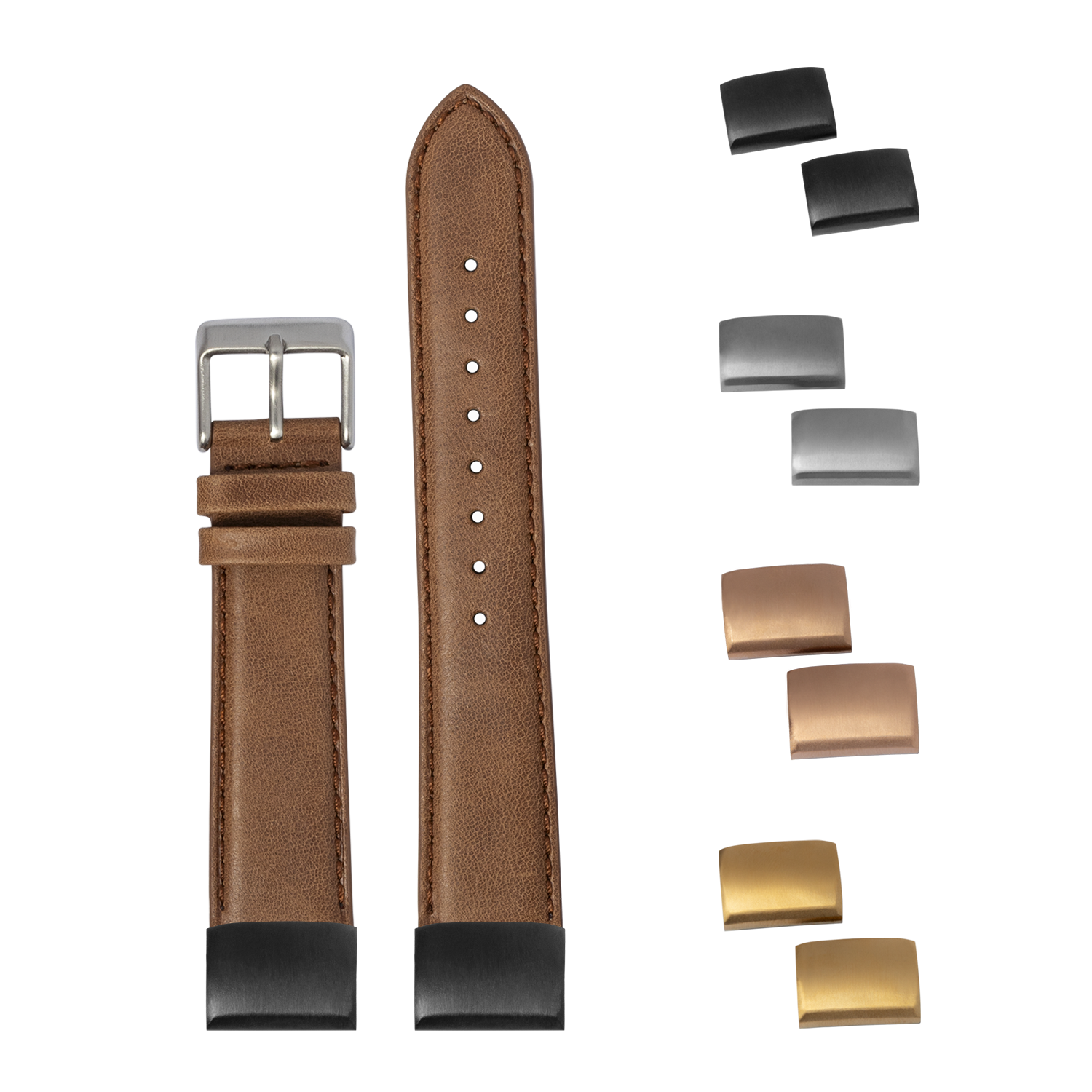 Brown leather watch band with quick release pins and interchangeable metal buckles in silver, gunmetal, bronze and gold finishes