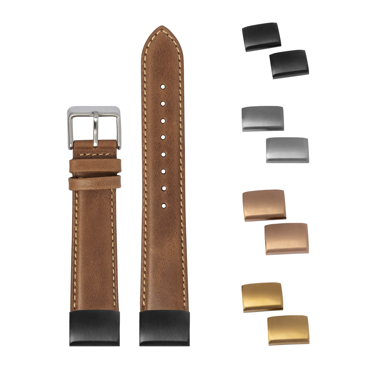 Brown padded leather quick-fit watch band with beige stitching, interchangeable metal buckles, and 20mm width for easy strap changes