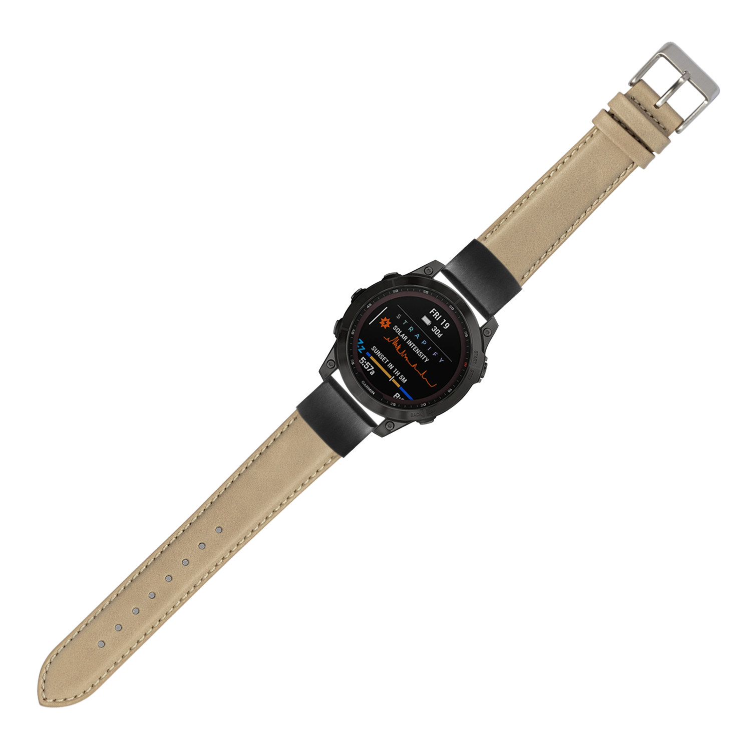 Black digital smartwatch with cream leather padded band, metal buckle, and multicolor AMOLED display showing fitness metrics
