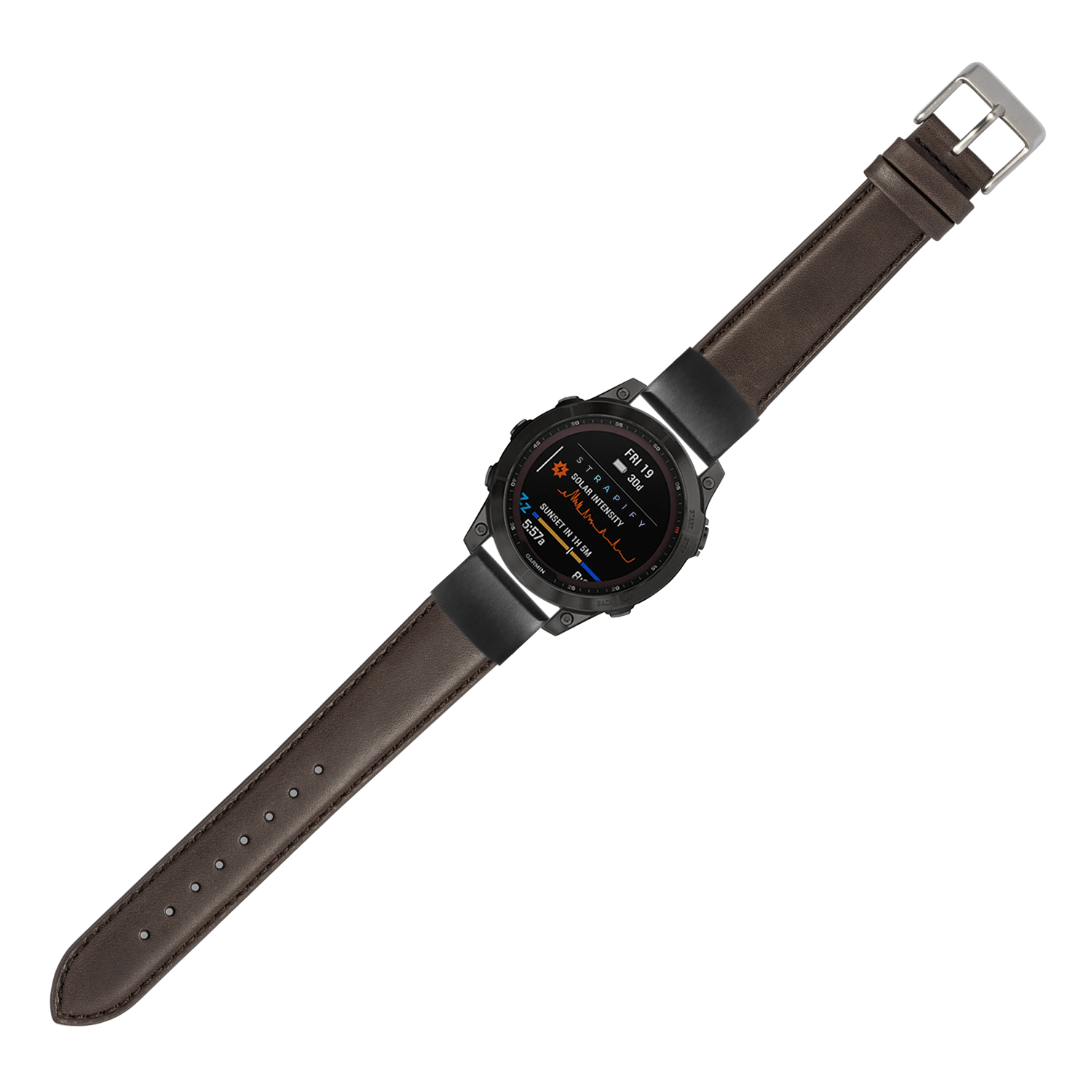 QuickFit padded dark brown leather watch strap 20mm with silver buckle and AMOLED display smartwatch