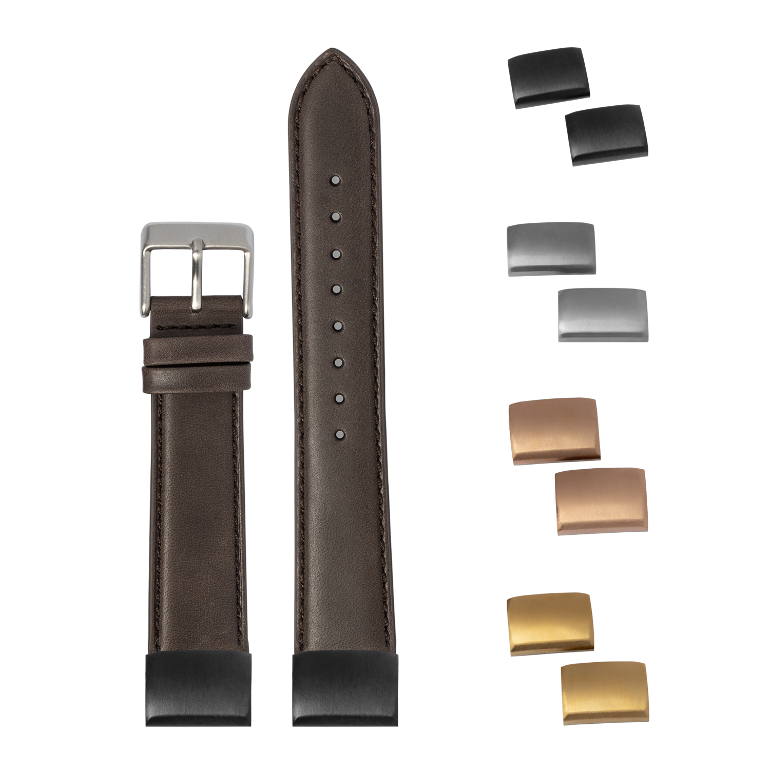 Dark brown padded leather 20mm watch strap with quick release bars and interchangeable metal buckles in black, gunmetal, rose gold and gold finishes