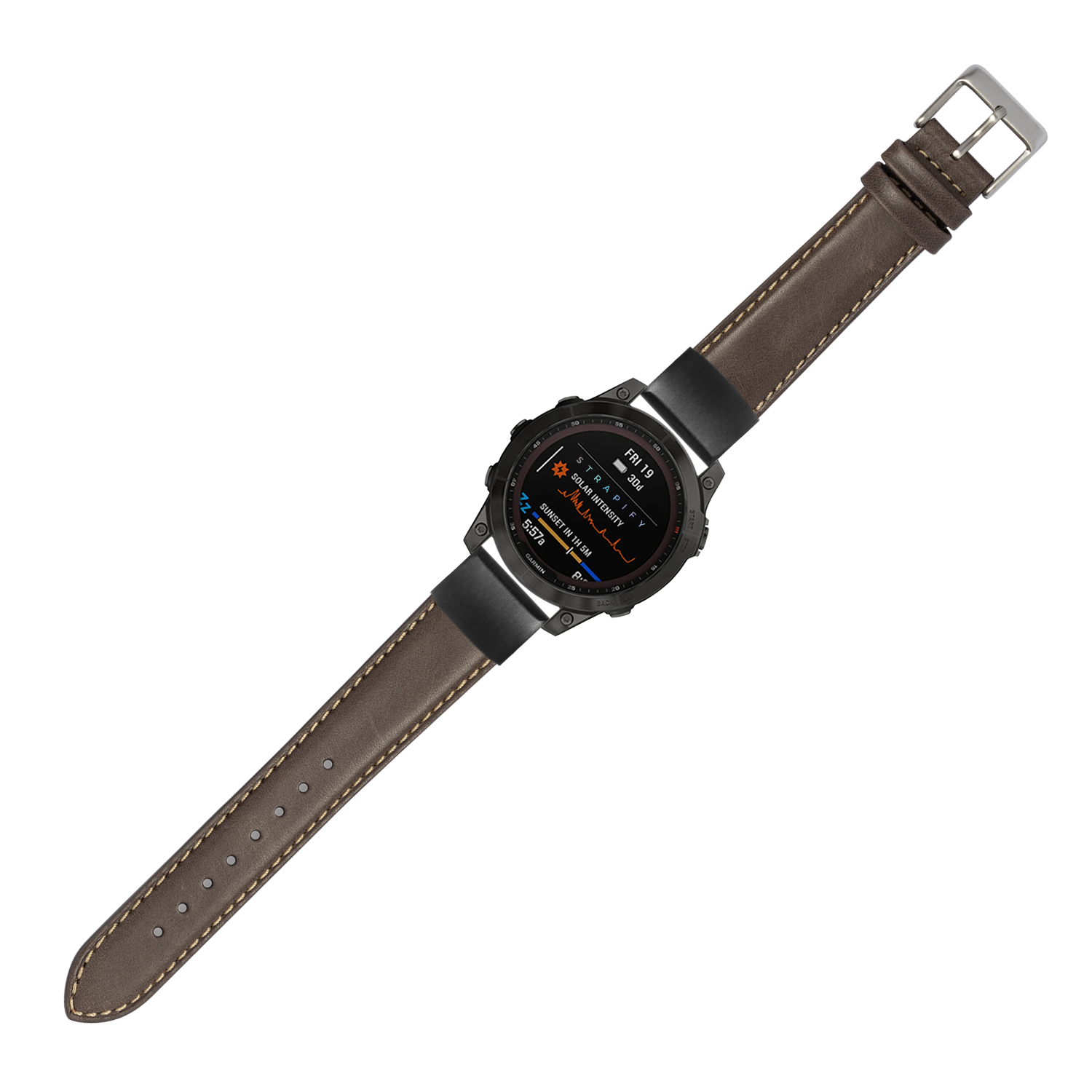 QuickFit padded dark brown leather watch strap with beige stitching and silver buckle on smartwatch