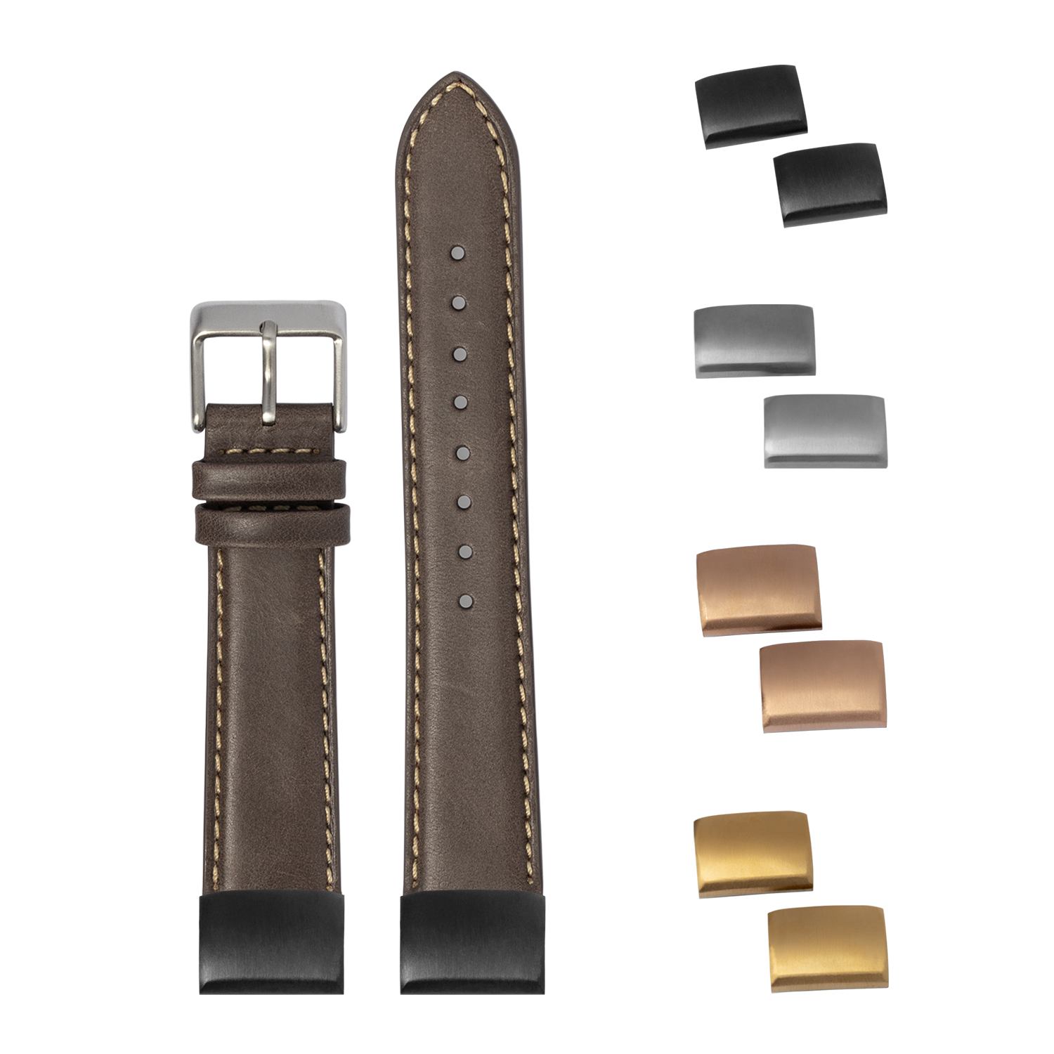 QuickFit padded leather watch band dark brown with beige stitching 20mm, includes interchangeable metal buckles