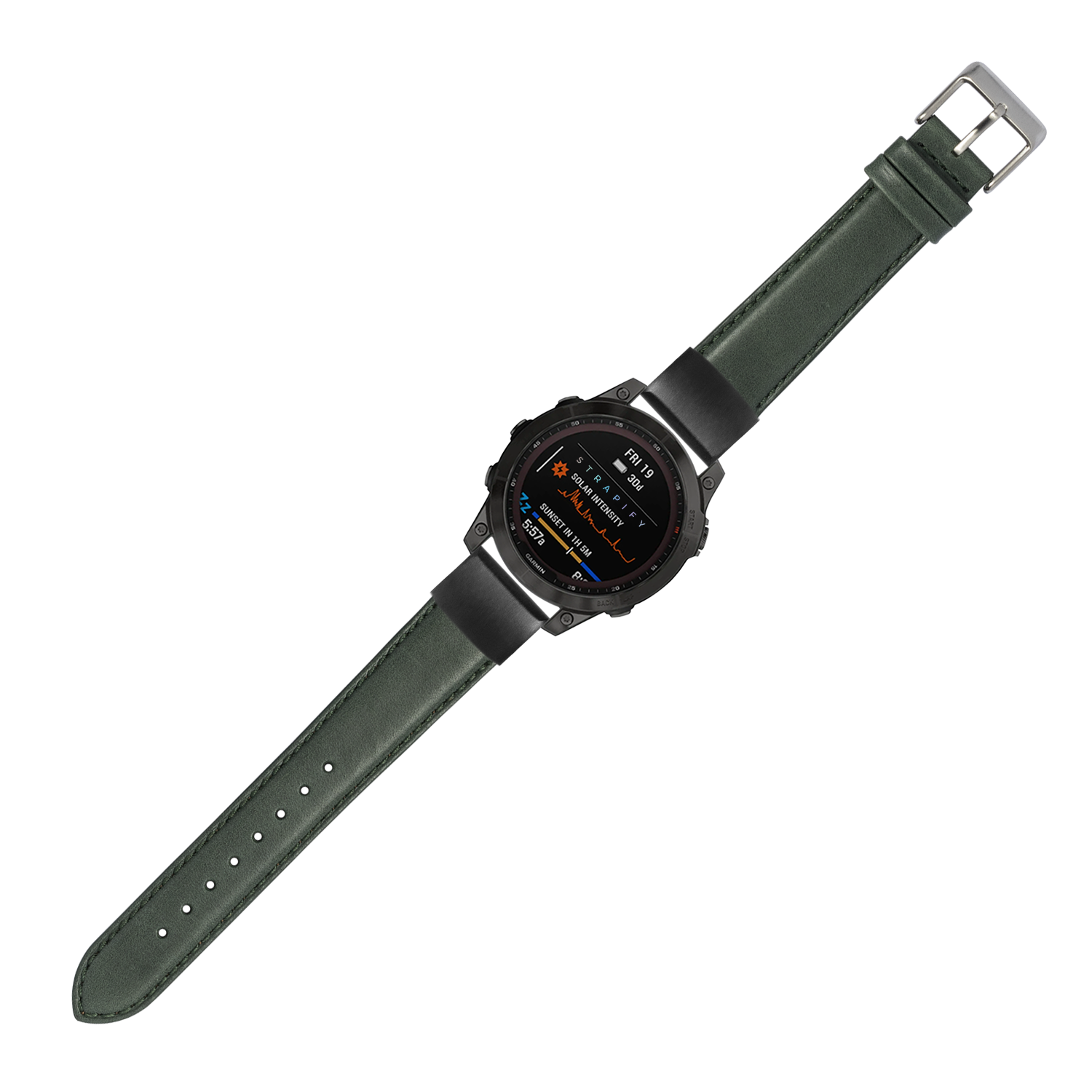 Military-style smartwatch with black digital display and forest green padded leather quick-fit band with metal buckle