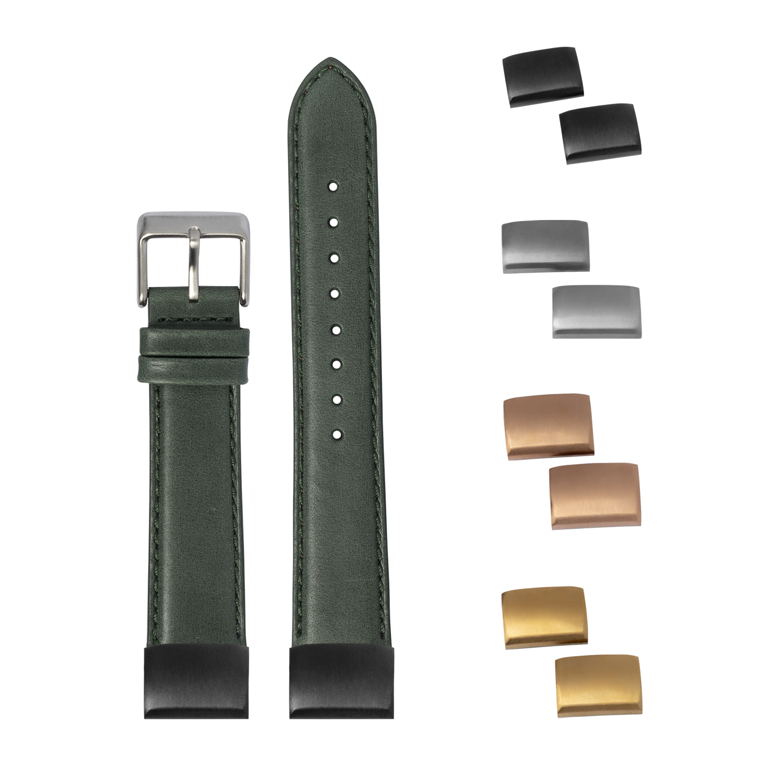 Forest green padded leather watch strap with interchangeable buckles and keepers in black, silver, rose gold and gold finishes