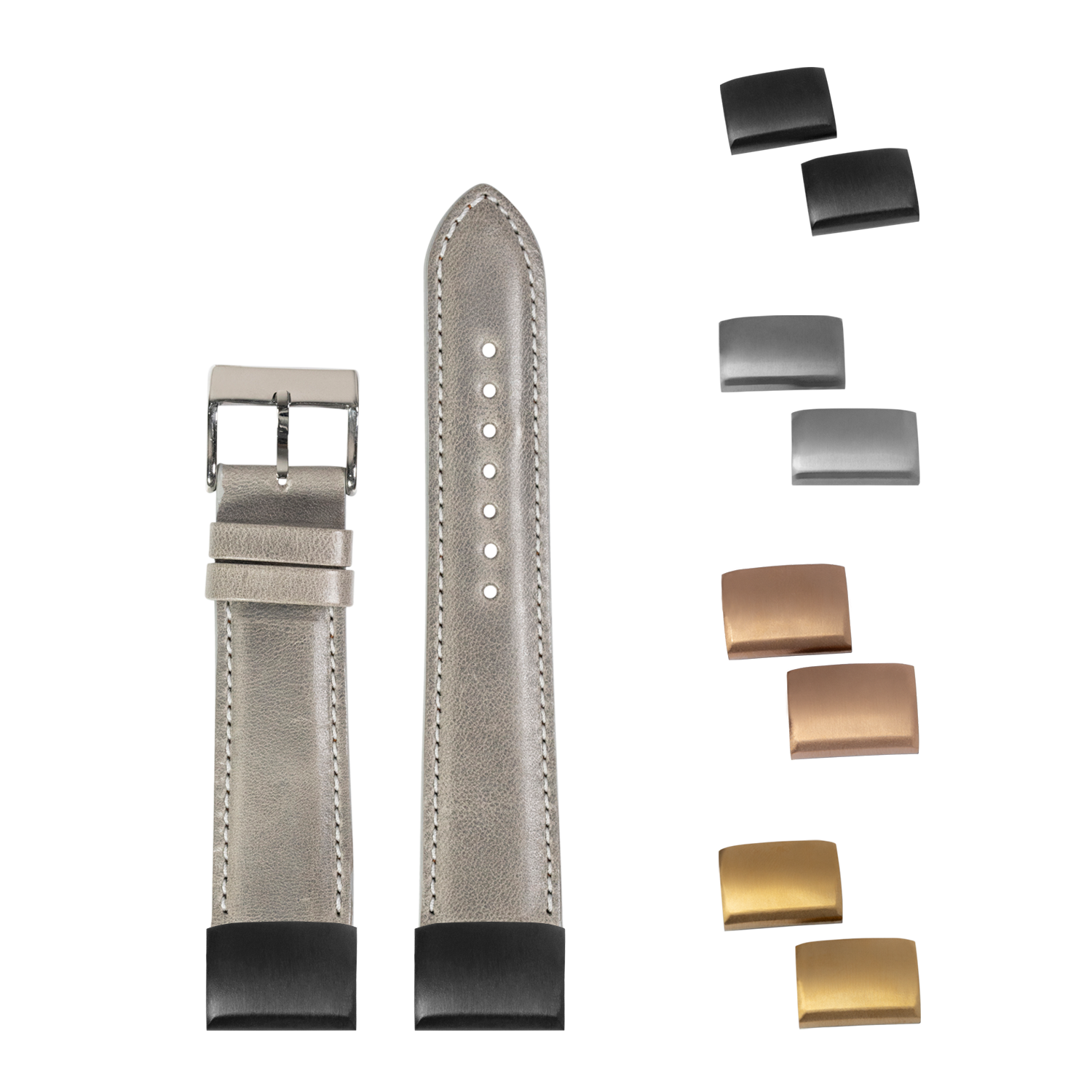 QuickFit padded grey leather watch strap 20mm with interchangeable metal buckles in black, silver, rose gold and gold finishes