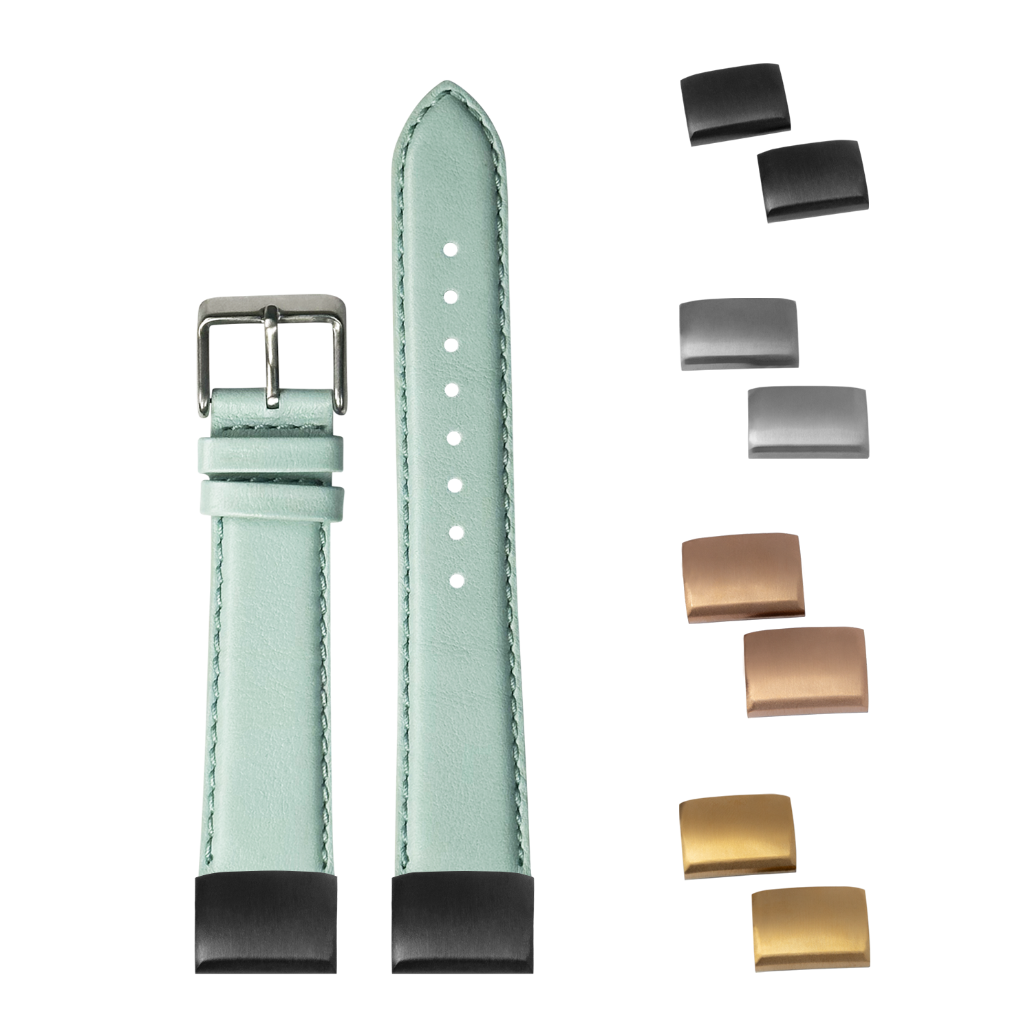 QuickFit padded leather light tiffany blue 20mm watch strap with interchangeable metal clasps in black, silver, and gold tones