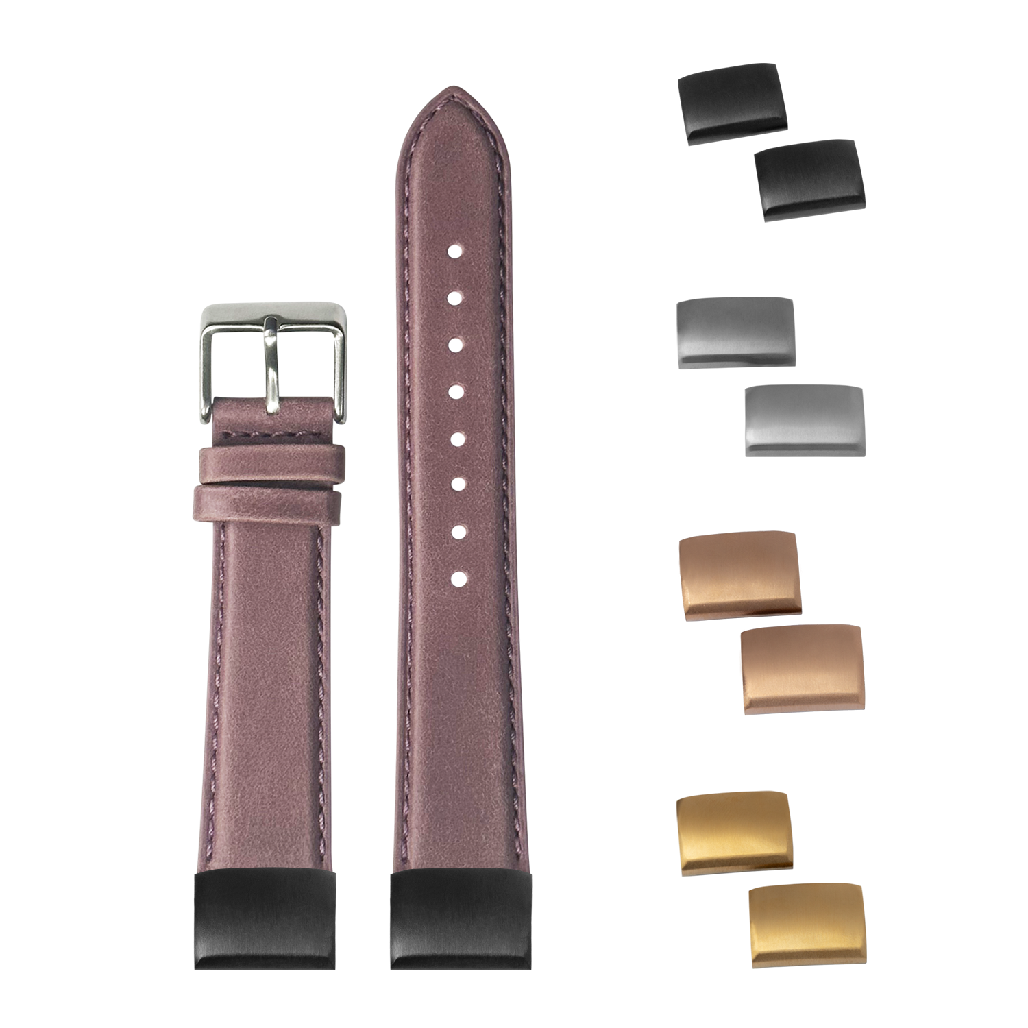 Mauve padded leather QuickFit watch strap 20mm with interchangeable metal buckles in black, silver, and gold finishes