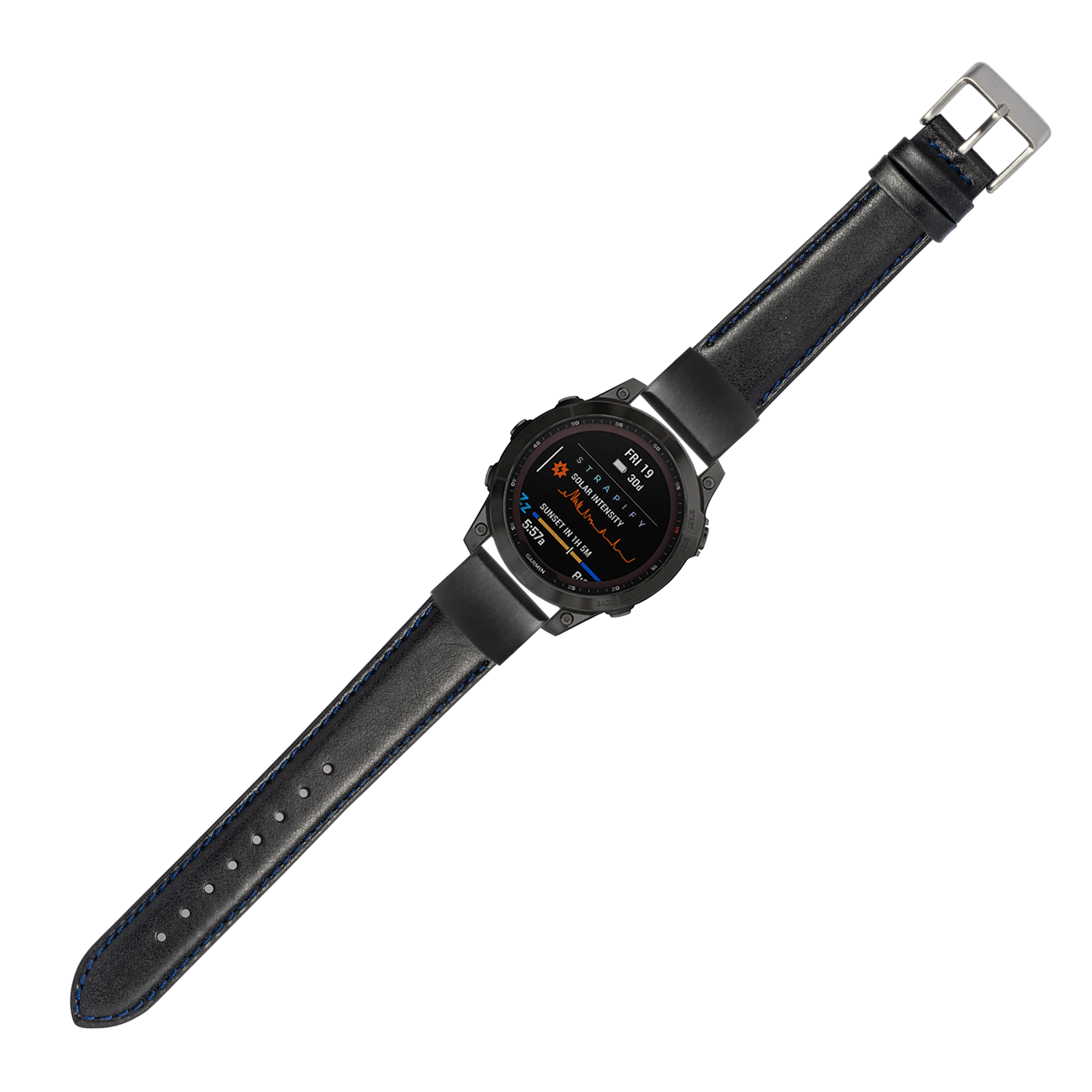 Black digital smartwatch with navy blue and black padded leather strap, AMOLED display with fitness metrics, metal case and buckle closure