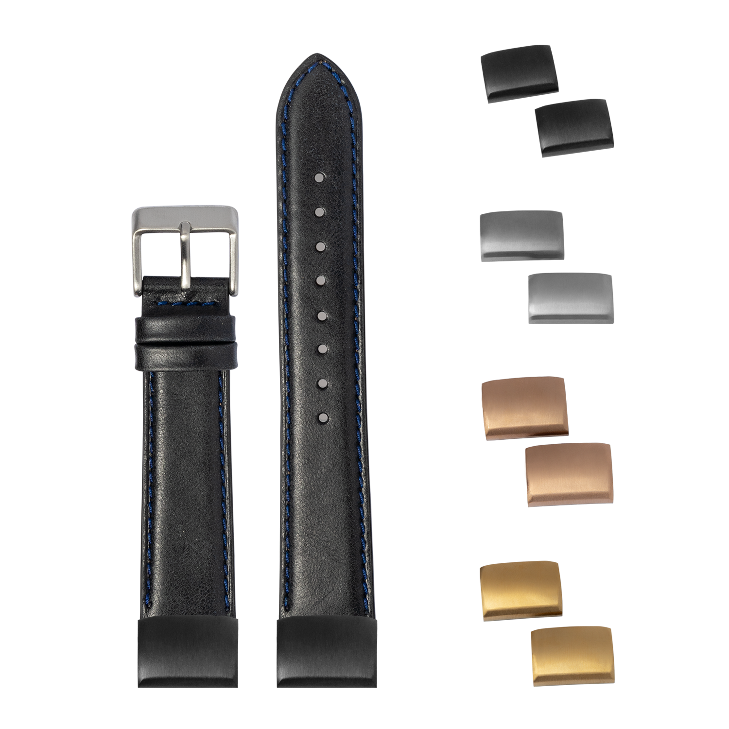 QuickFit padded leather watch strap 20mm with navy blue stitching, interchangeable metal buckles in silver, gunmetal and gold finishes