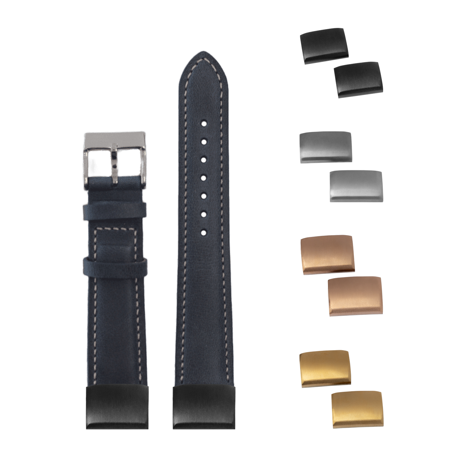 Navy blue padded leather watch strap 20mm with beige stitching, stainless steel buckle and interchangeable metal keeper bars