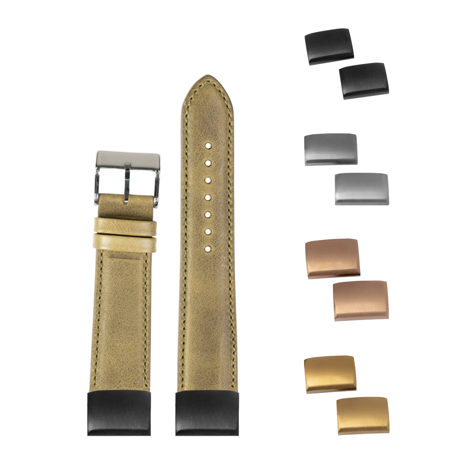 QuickFit padded olive green leather watch strap 20mm with interchangeable metal buckles in gold, silver and black finishes