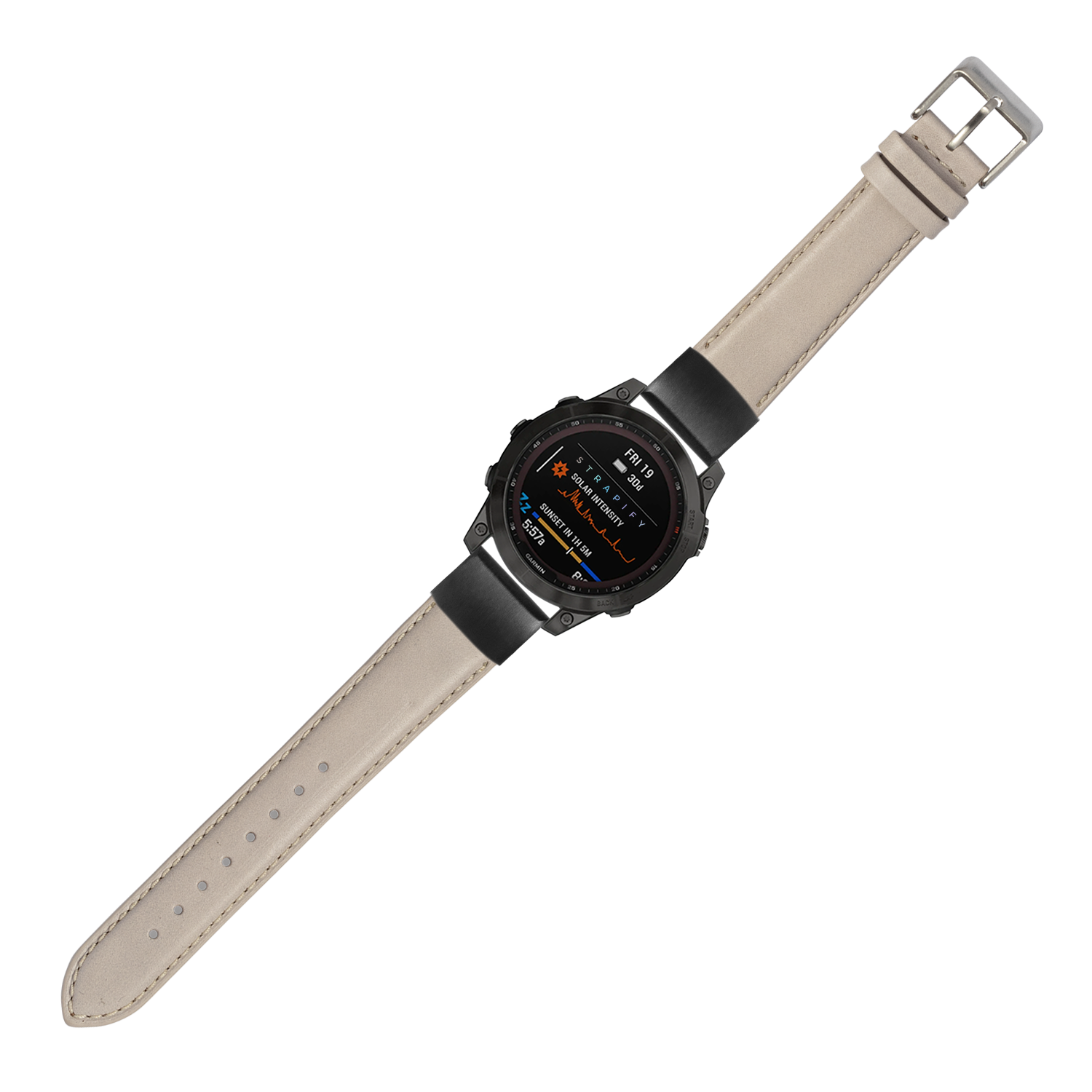 Black sports smartwatch with AMOLED display and pale pink leather QuickFit strap with metal buckle
