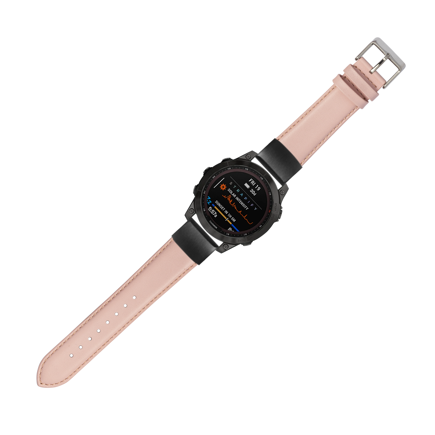 Black sports smartwatch with AMOLED display and pink padded leather QuickFit 20mm watch band