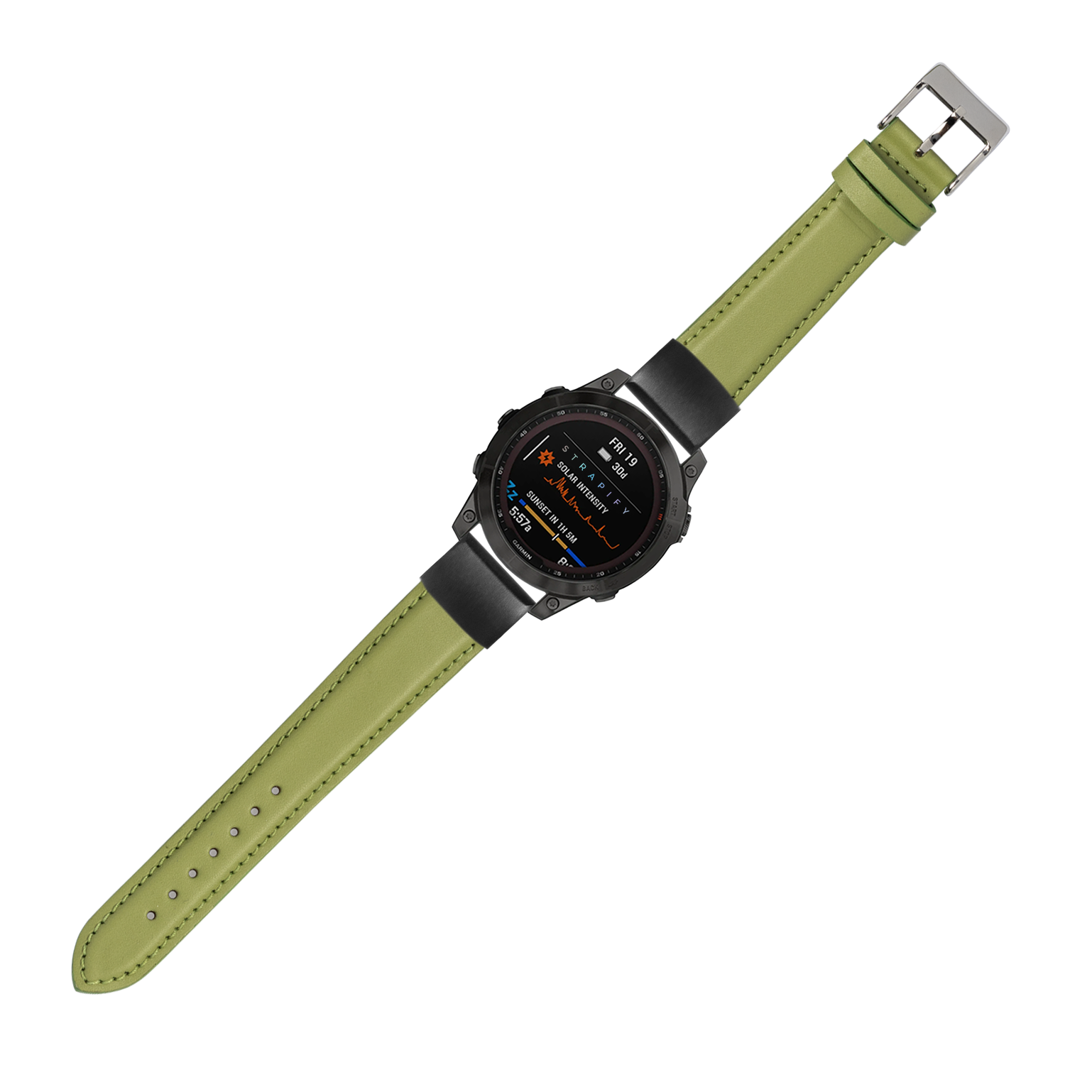 Black digital smartwatch with olive green leather strap and metal buckle, displaying fitness metrics on AMOLED screen