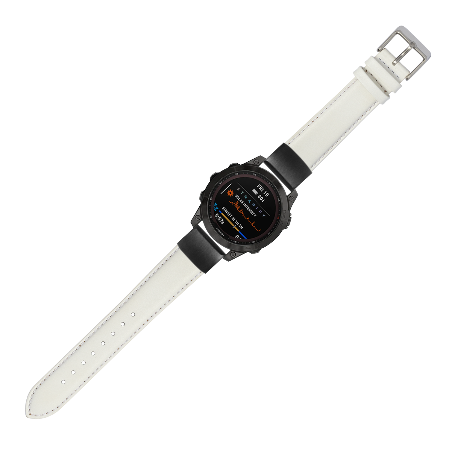 Black digital smartwatch with white padded leather strap and silver buckle, featuring AMOLED display and fitness tracking capabilities