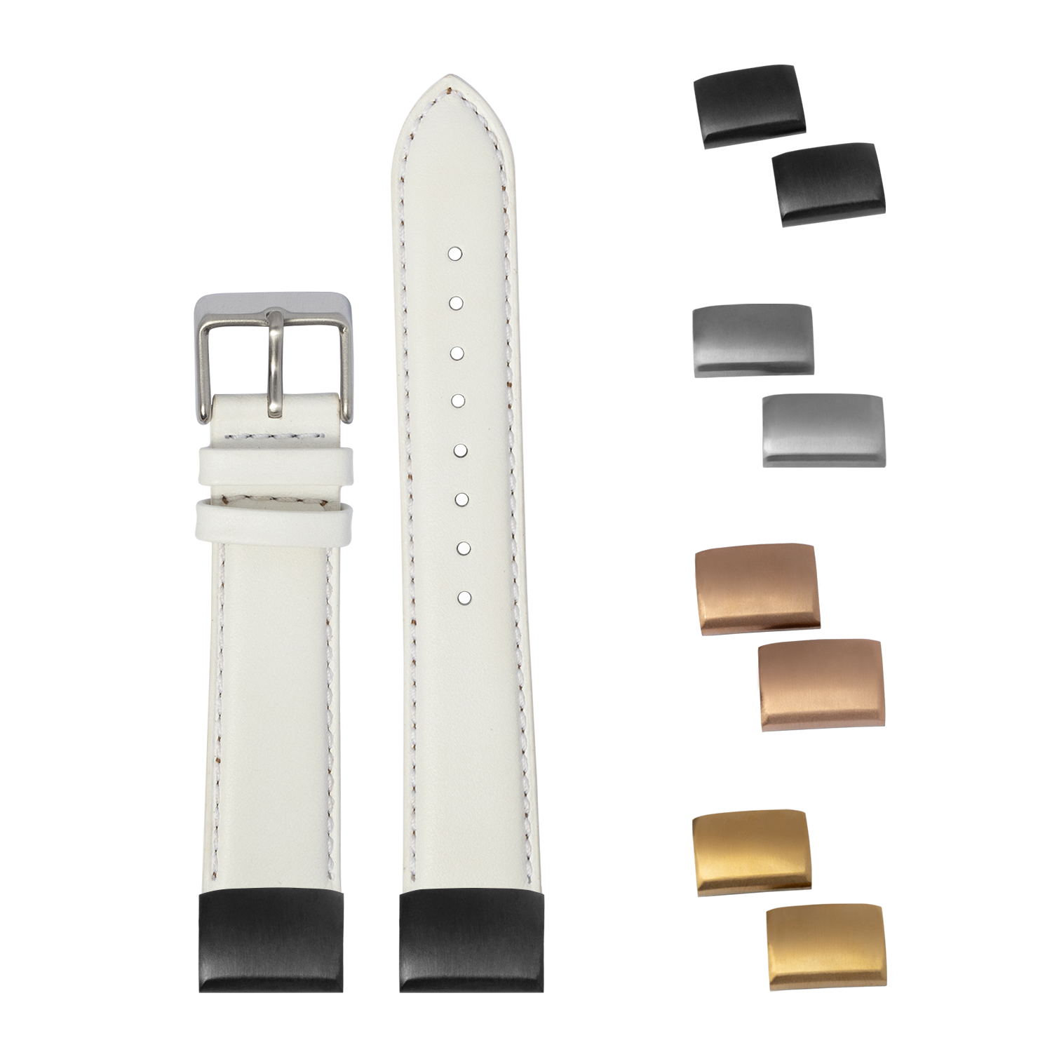 QuickFit padded leather watch strap 20mm white with interchangeable metal buckles in silver, gunmetal, rose gold and gold finishes