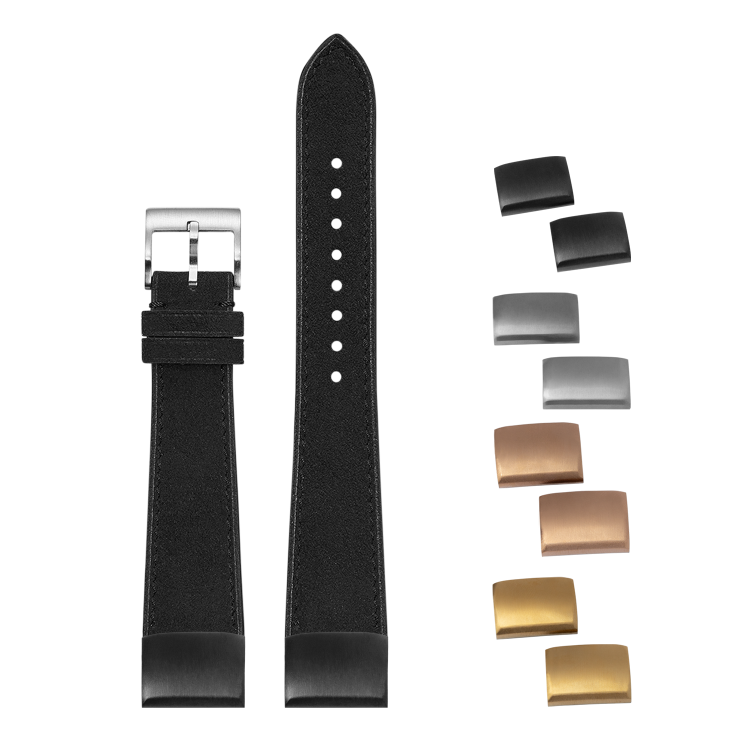 Black Alcantara leather watch band 20mm with quick-fit release buckle, interchangeable metal keeper bars in silver, gold, and bronze finishes
