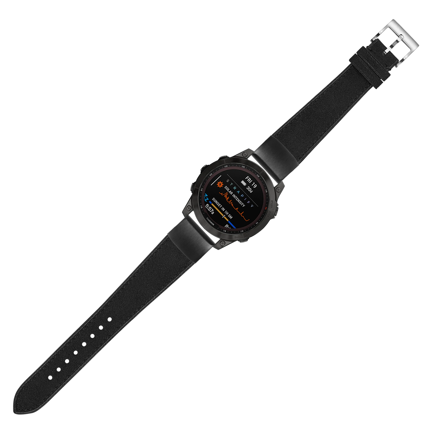 Black leather smartwatch with digital AMOLED display and QuickFit 20mm strap band