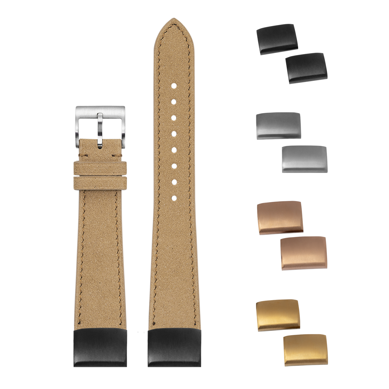 Tan Alcantara leather watch band 20mm with interchangeable metal buckles and keepers in silver, black, bronze and gold finishes