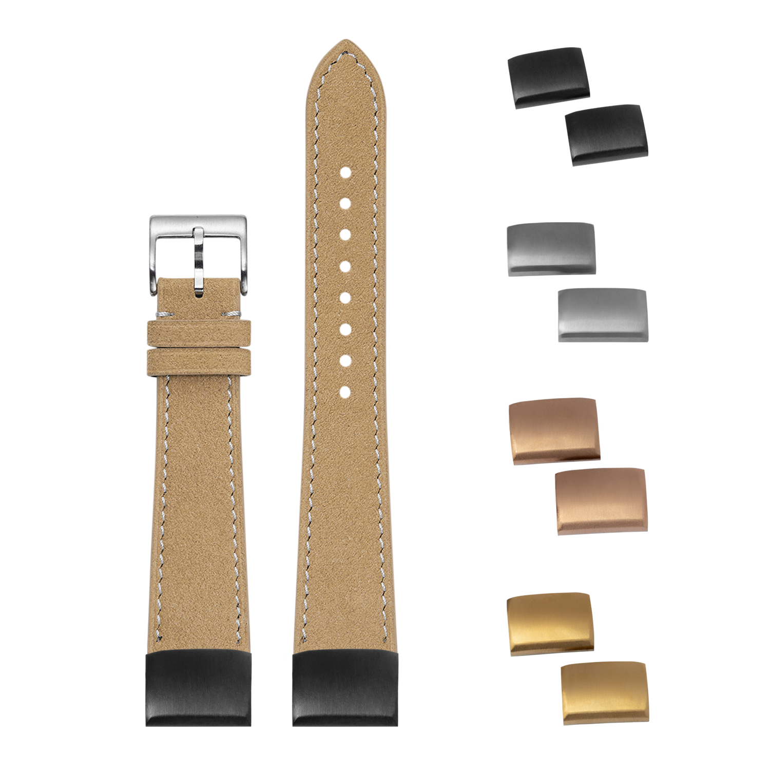 QuickFit brown Alcantara leather watch strap 20mm with white stitching, interchangeable metal buckles and end links included