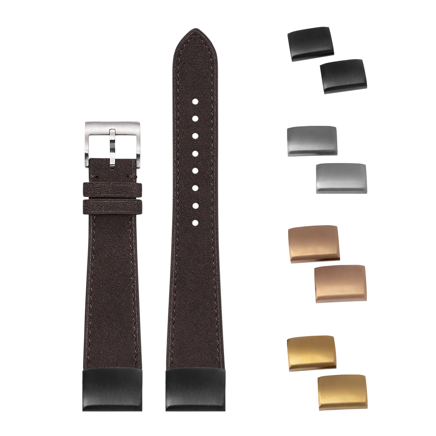 Dark brown Alcantara leather watch strap with interchangeable metal buckles in silver, gunmetal, rose gold, and gold finishes