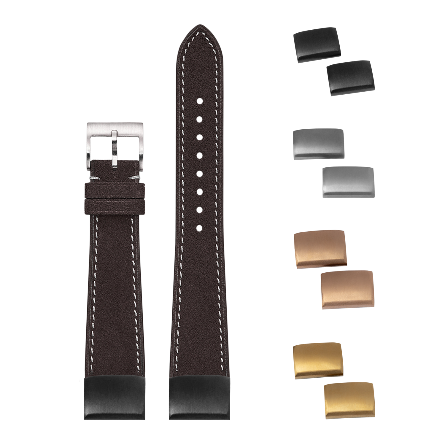 Dark brown Alcantara leather watch band with white stitching, quick-fit system, and interchangeable metal buckles in silver, gunmetal, rose gold, and gold finishes
