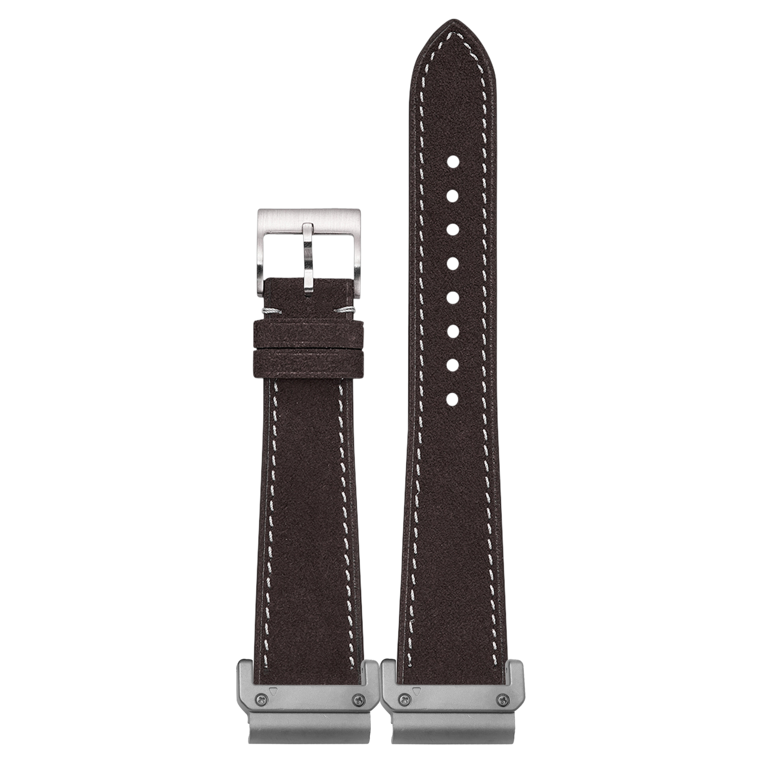 Alcantara Leather Dark Brown White Stitching strap with QuickFit adapters attached to both ends