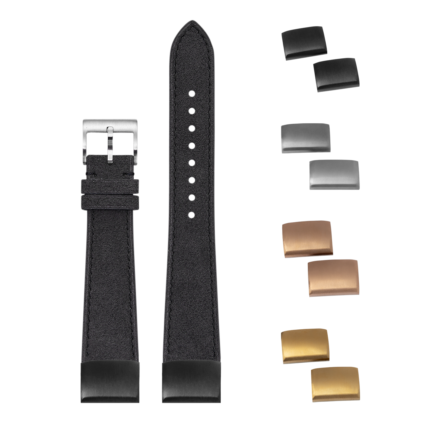 QuickFit Alcantara leather watch strap 20mm dark grey with interchangeable buckles in silver, gold and bronze