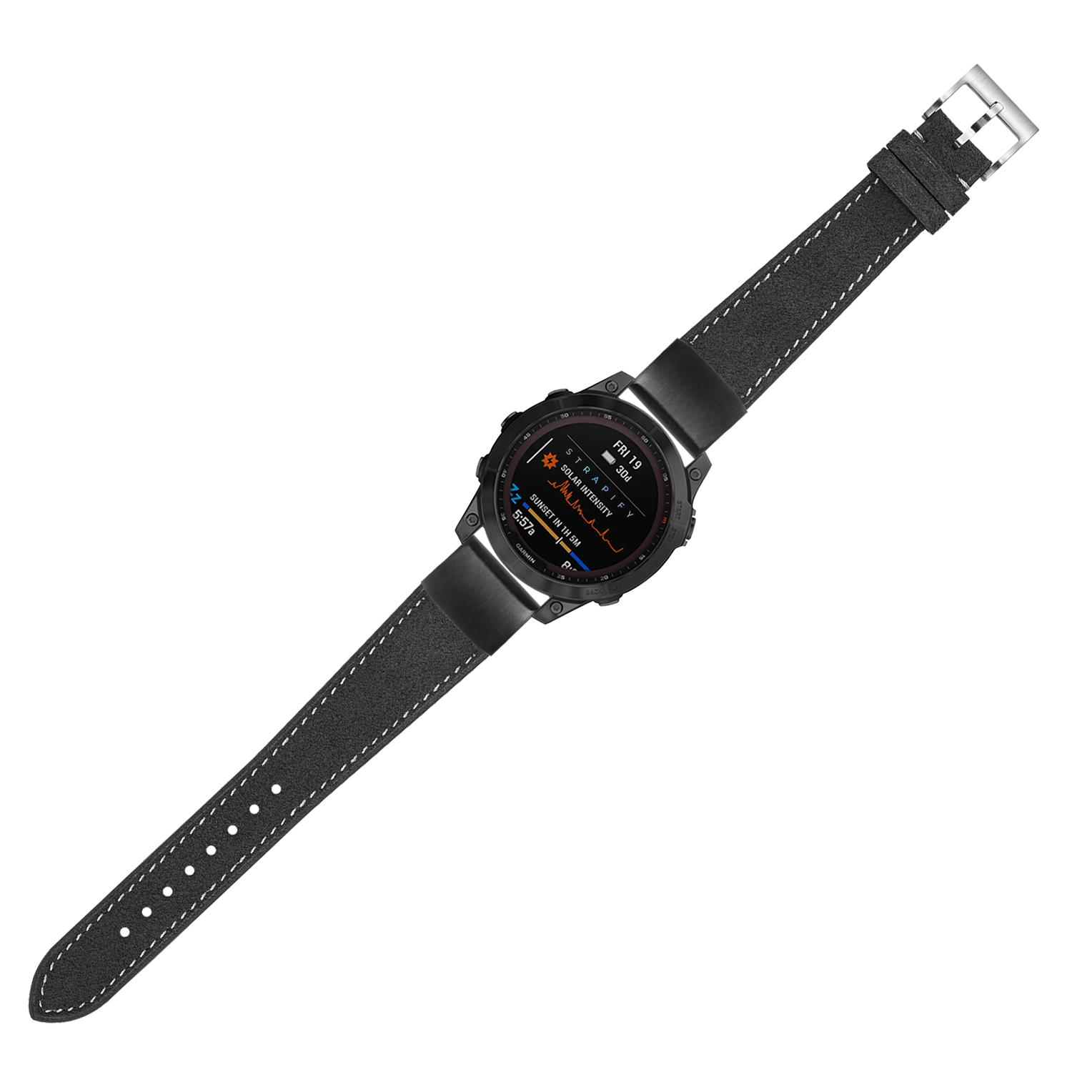 Black digital smartwatch with dark grey Alcantara leather strap and white stitching